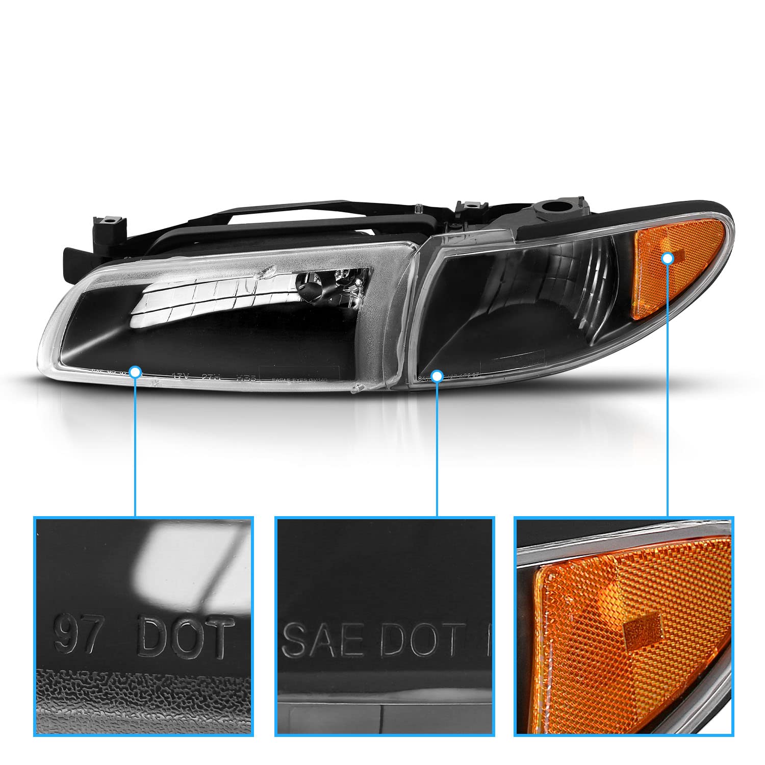 1997-2003 Pontiac Grand Prix Black Replacement Headlights Assembly with Corner Signal Lights - Driver & Passenger Side | High-Performance Lighting for Night Driving & Enhanced Visibility