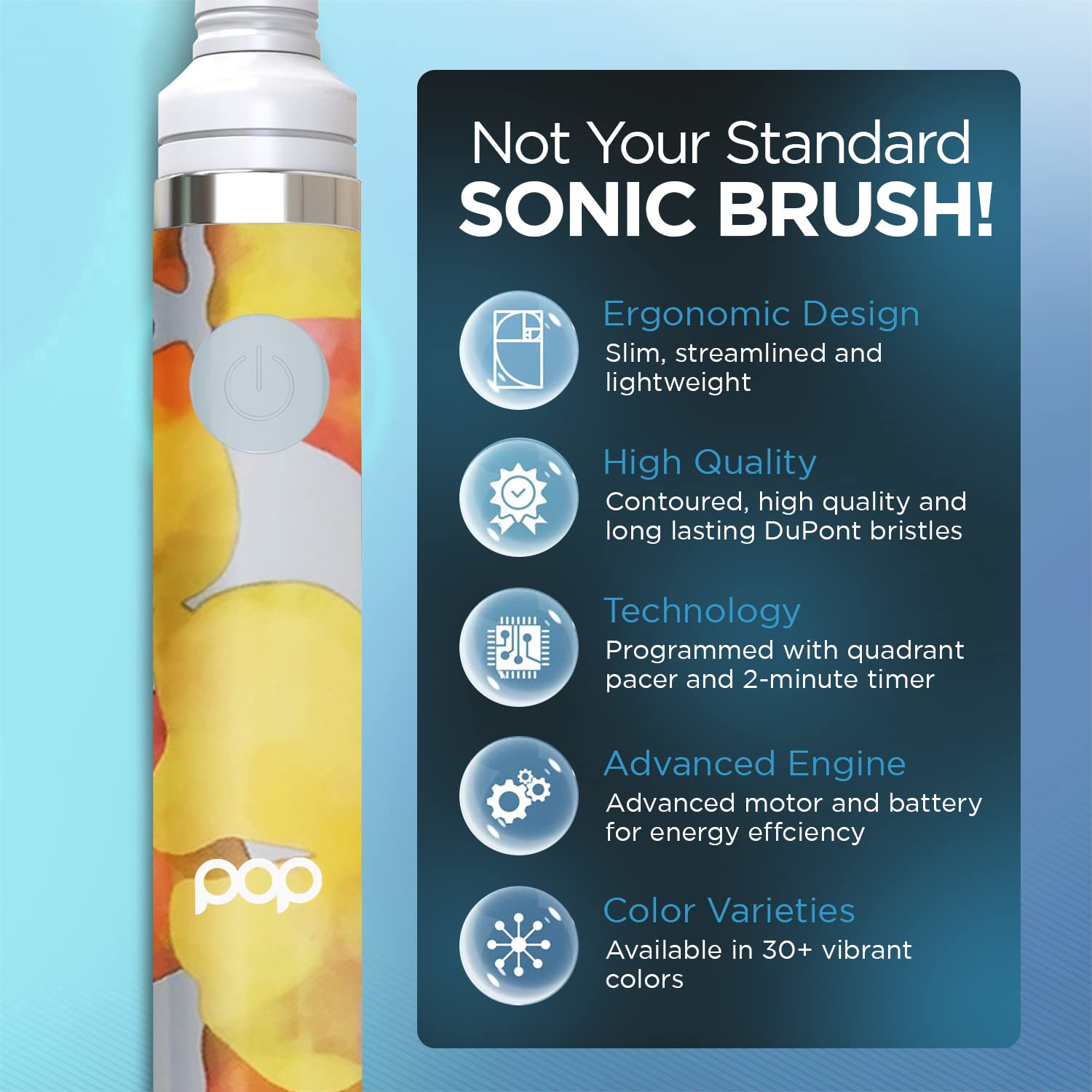 Pop Sonic Electric Toothbrush for Kids & Travel - 2 Speed Modes (15,000-30,000 RPM), DuPont Nylon Bristles, Battery Powered (Orange Watercolor Design) - Perfect for Home, School & Vacation Use