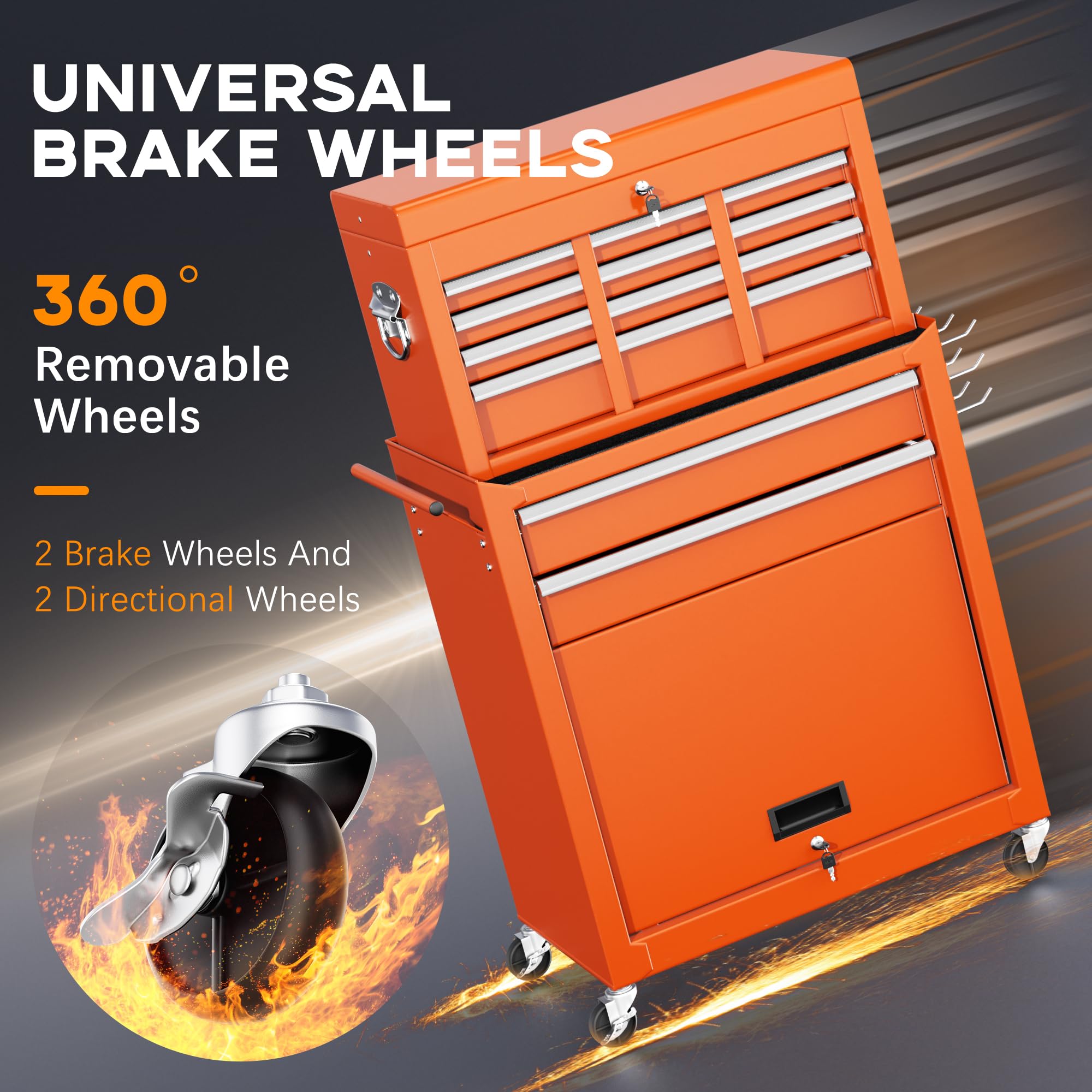 8-Drawer High Capacity Rolling Tool Chest with Wheels & Large Cabinet - 2-in-1 Detachable Steel Tool Storage for Garage, Workshop, Barbershop, Home DIY - Heavy Duty Mobile Tool Organizer (Orange)