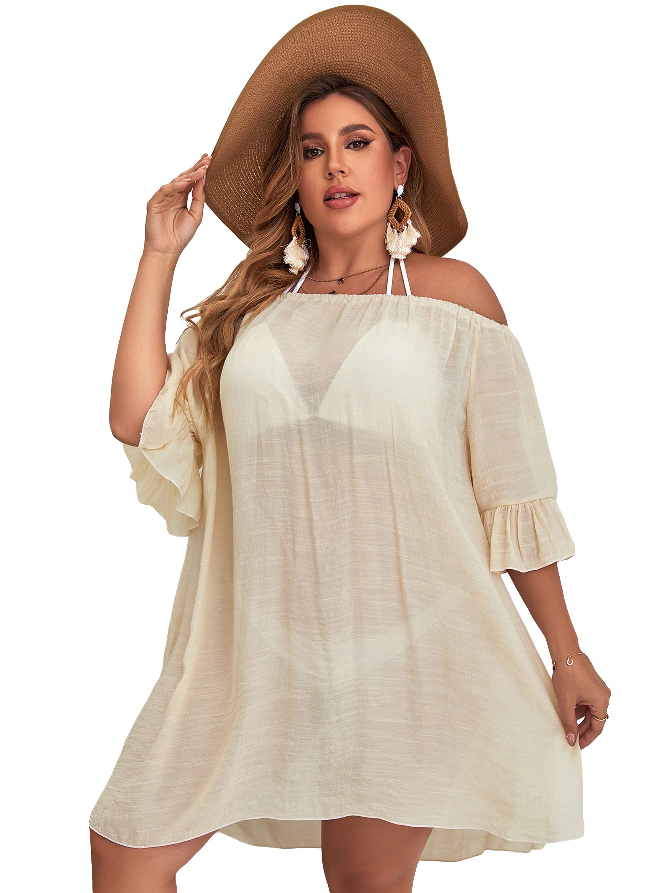 Romwe Women's Plus Size Off Shoulder Loose Mesh Cover Up Beach Dress - Flowy Summer Beachwear for Vacation, Pool Party & Boho Outfit