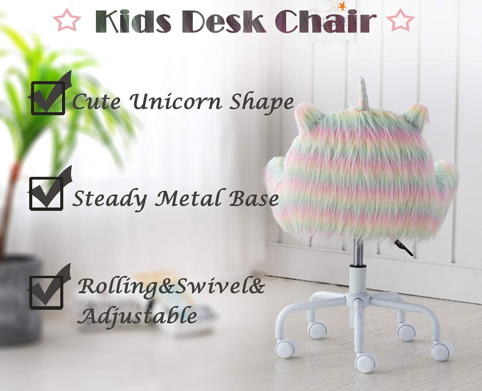 **Ergonomic Swivel Rolling Unicorn Kids Desk Chair with Arms - Rainbow Faux Fur Computer Chair for Girls, Perfect for Study, Reading & Vanity Desks**