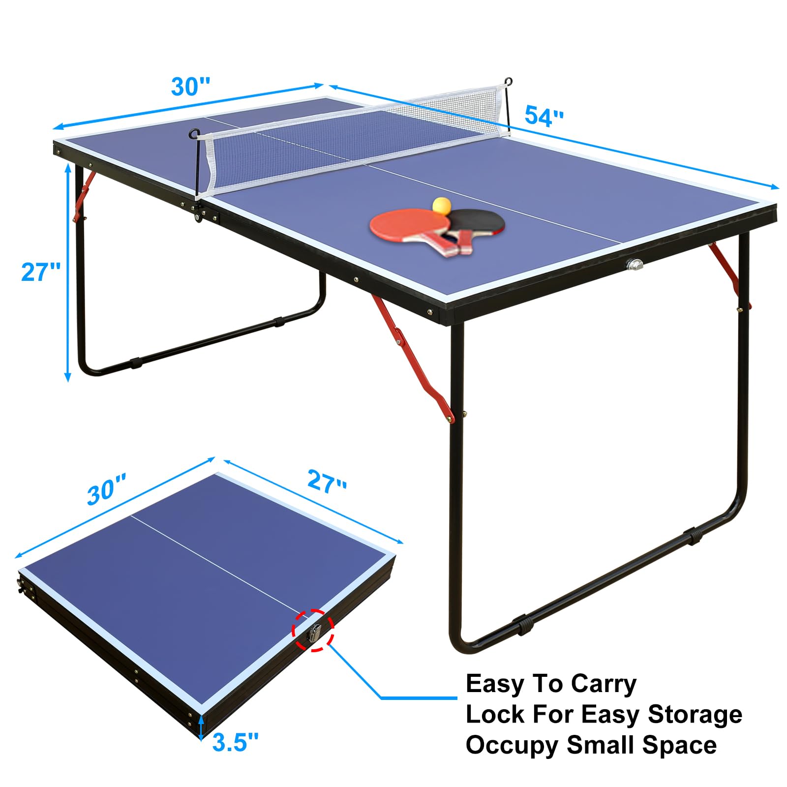 4.5ft Portable Foldable Ping Pong Table for Indoor & Outdoor Use - Mid-Size Table Tennis Set with 2 Paddles, 3 Balls & Net - Perfect for Family Game Nights, Backyard Parties & Kids Sports Activities