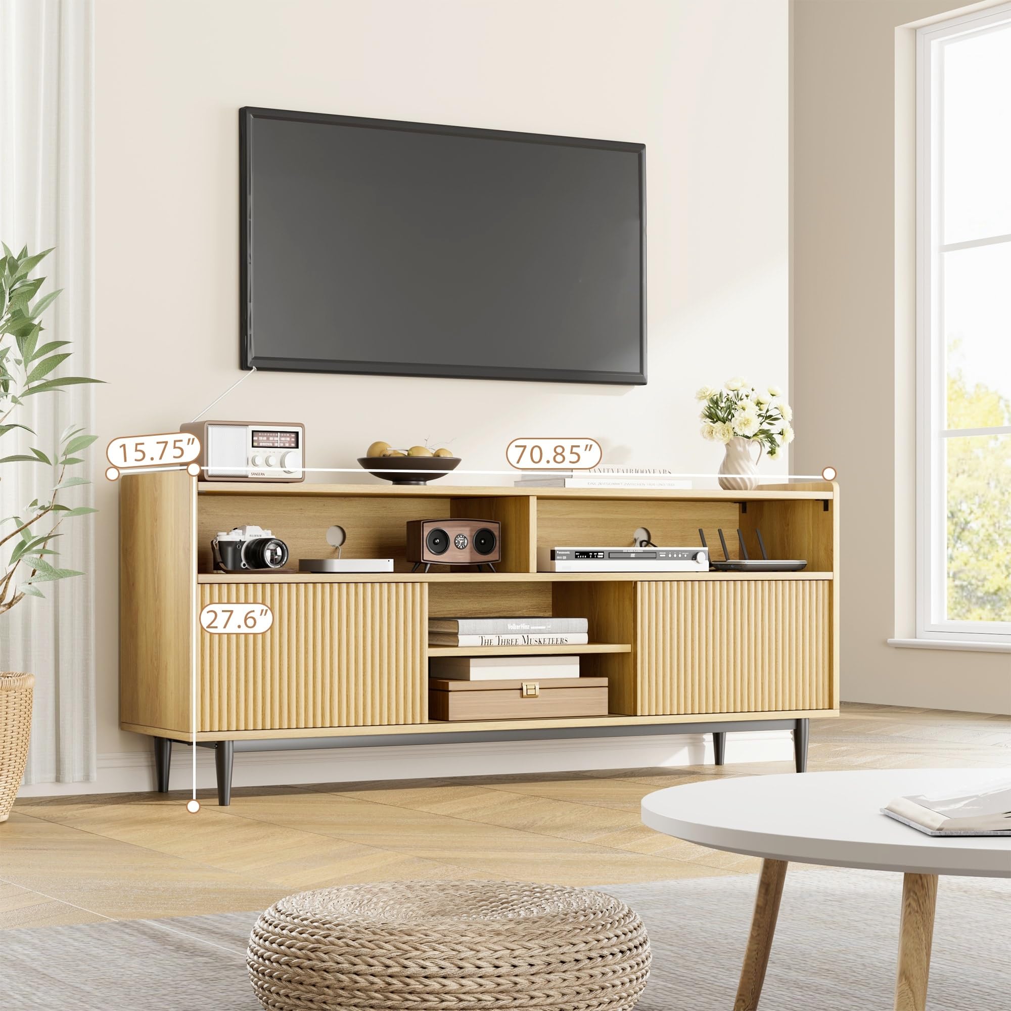 80 Inch Fluted TV Stand - Boho Style Entertainment Center with Sliding Doors, Adjustable Shelves Wood Media Cabinet for Living Room & Bedroom - Natural Oak Finish - Perfect for Modern Home Decor & Entertainment Setup