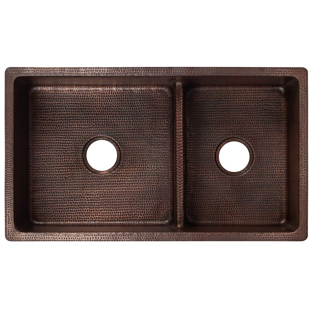 Premier Copper 33-Inch Undermount Kitchen Sink with Drain - Split Basin Copper Farmhouse Sink for Modern & Rustic Kitchens - Perfect for Food Prep, Dishwashing & Farmhouse Style Decor