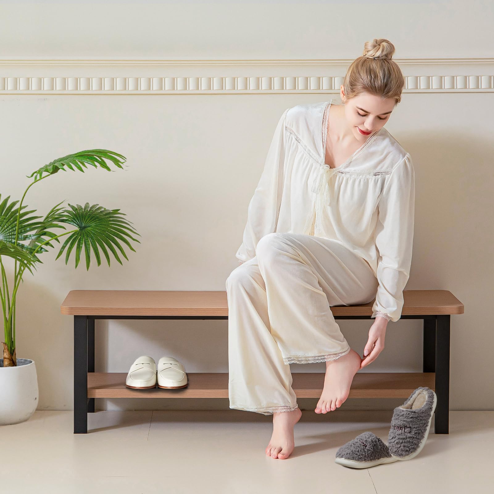 MAXYOYO Rustic Wooden Shoe Storage Bench - Entryway Shoe Rack with Seat for Living Room, Dining Room & Hallway | Space-Saving Organizer for Shoes, Boots & Home Decor