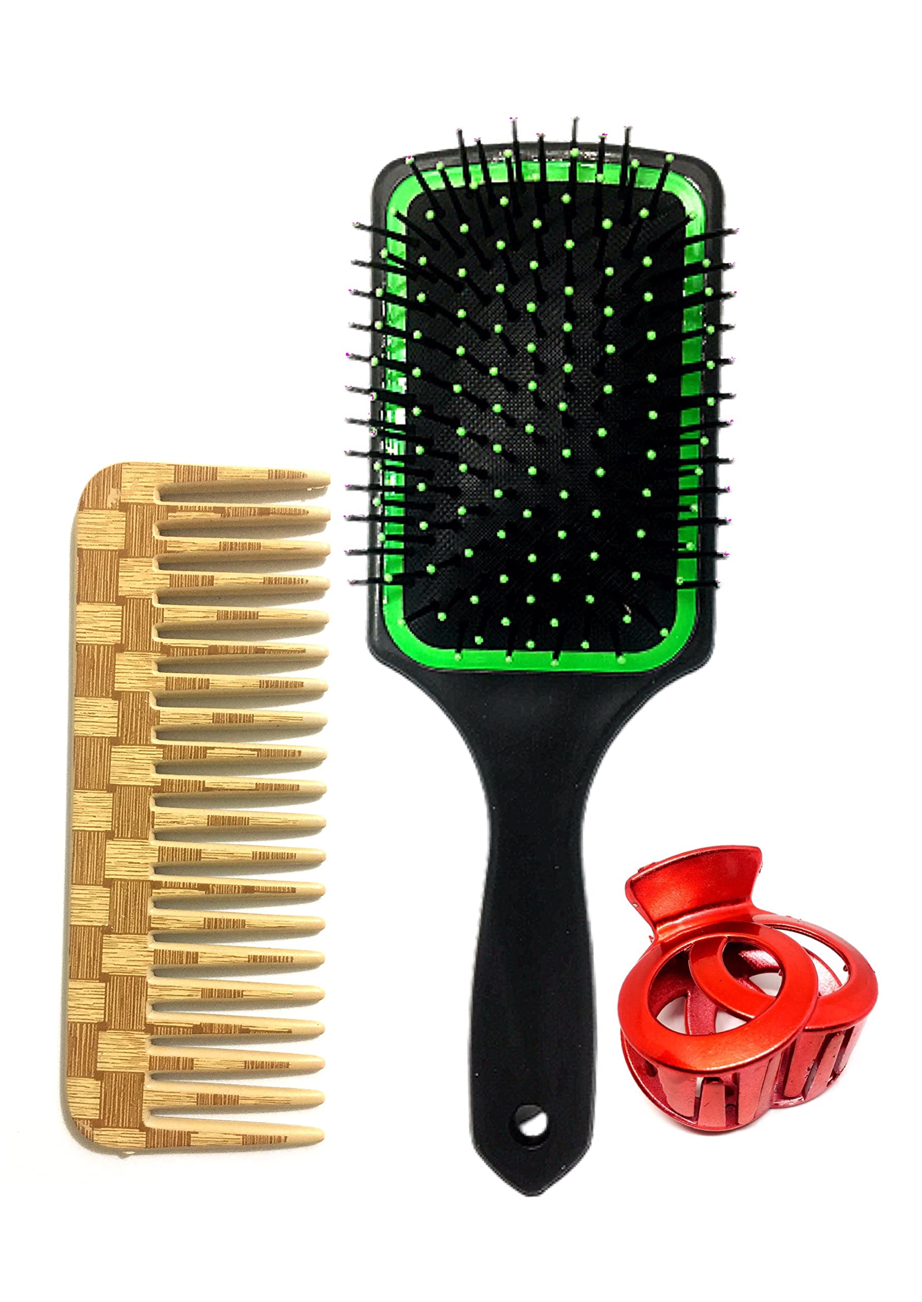 BigBro Hair Brush Set - Cushioned Paddle Brush, Wide Tooth Comb & Hair Clips (3-Piece Styling Kit for Women, Men & Kids) - Perfect for Detangling, Styling & Salon-Look at Home