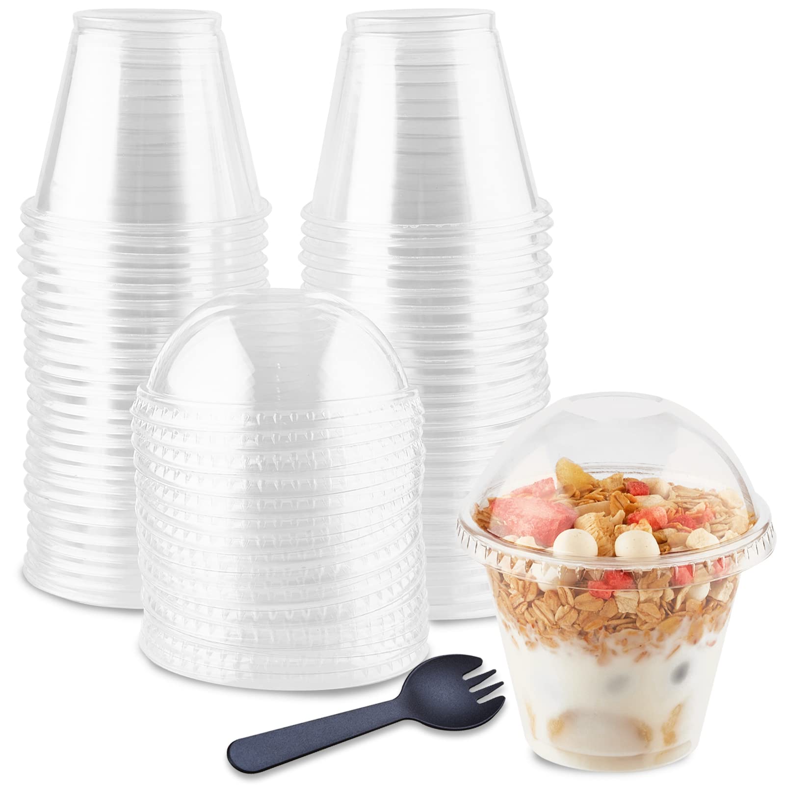 TOFLEN 50 Pack 9 oz Clear Plastic Dessert Cups with Dome Lids (No Hole) & Sporks - Disposable Parfait Yogurt Cups for Party, Pudding, Fruit, Cake - Perfect for Catering, Events, and Home Dessert Serving