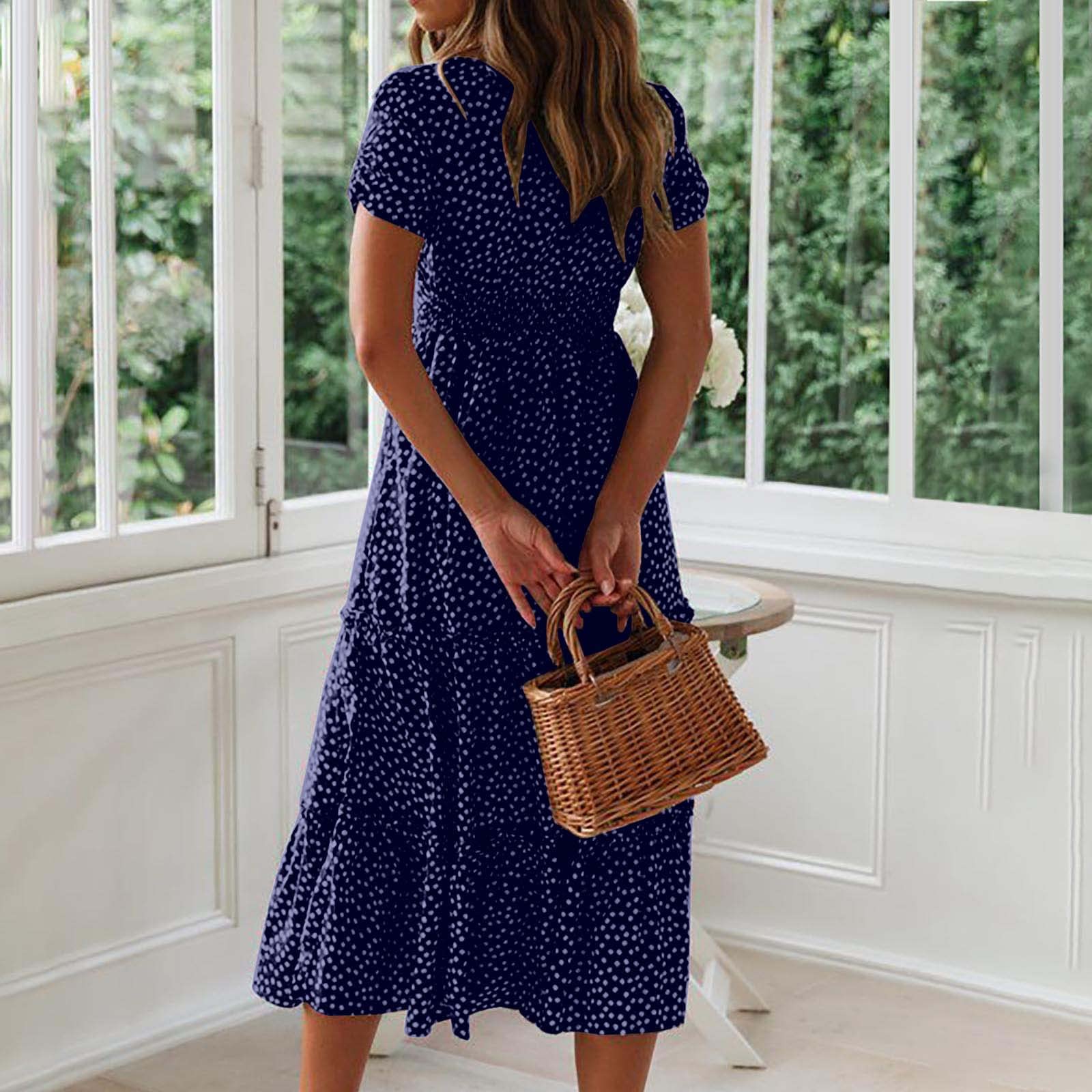 Women's Short Sleeve Chiffon Maxi Dress - Scoop Neck Hawaiian Beach Dress with Pleated Design for Summer 2025 | Perfect for Vacations, Weddings & Casual Outings