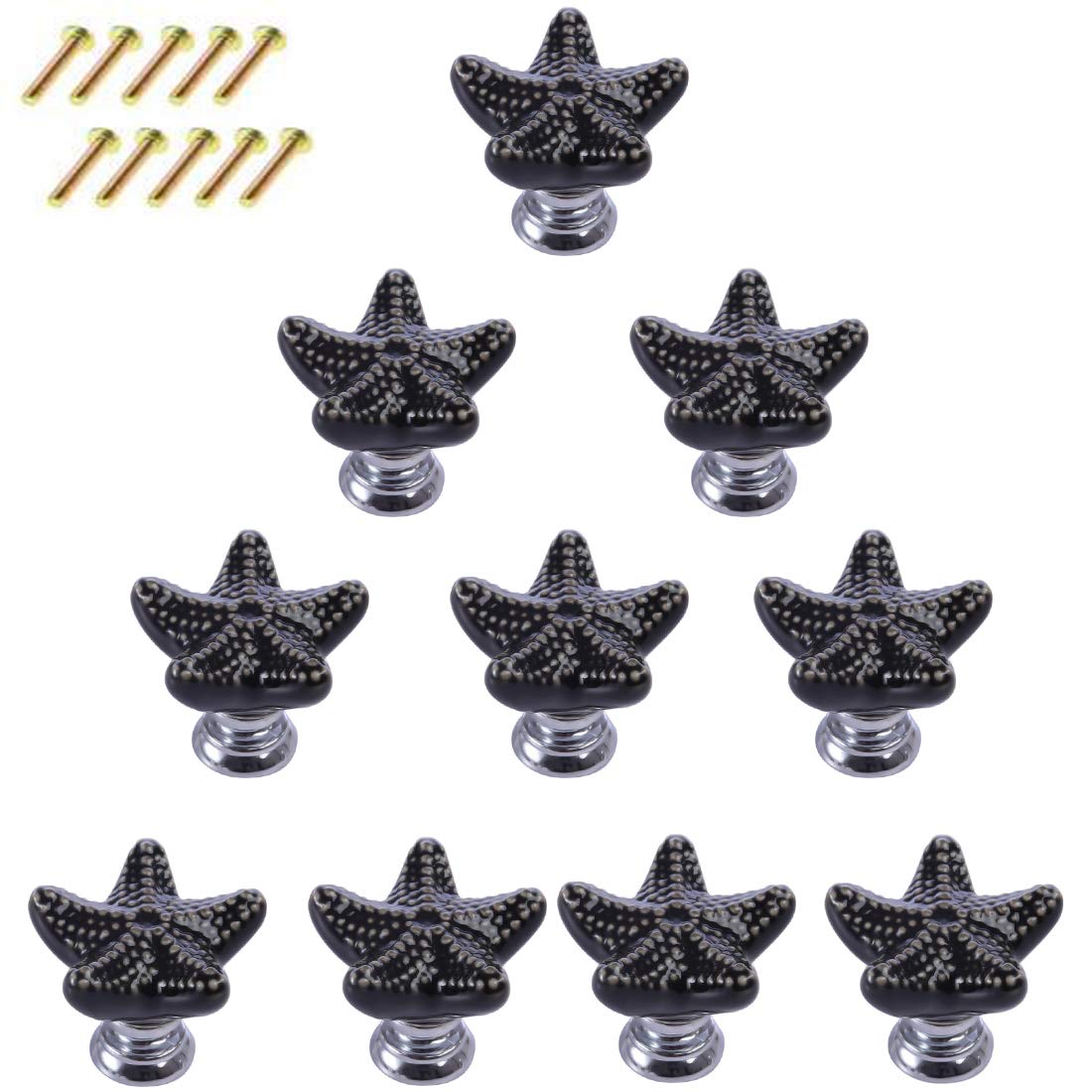 Haoun 10 Pack Black Starfish Ceramic Drawer Knobs - Decorative Cabinet Handles & Dresser Pulls with Screws - Perfect for Beach Themed Bedroom, Bathroom & Coastal Home Decor