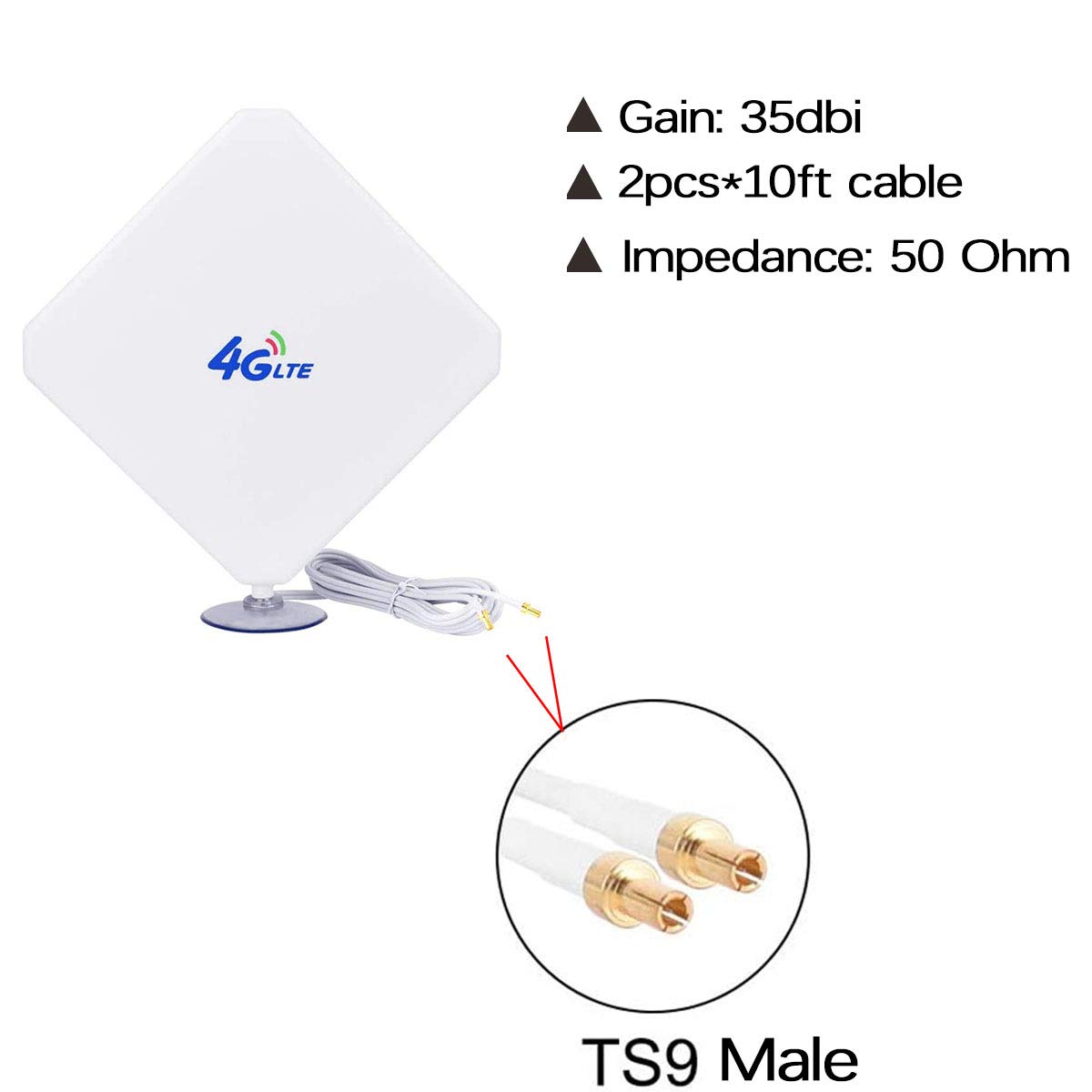 High Gain 4G LTE Antenna with TS9 Male Connector - 10ft Extension Cable & Suction Cup for WiFi Router, Mobile Hotspot - Outdoor Signal Booster for Camping, RV Travel & Remote Work