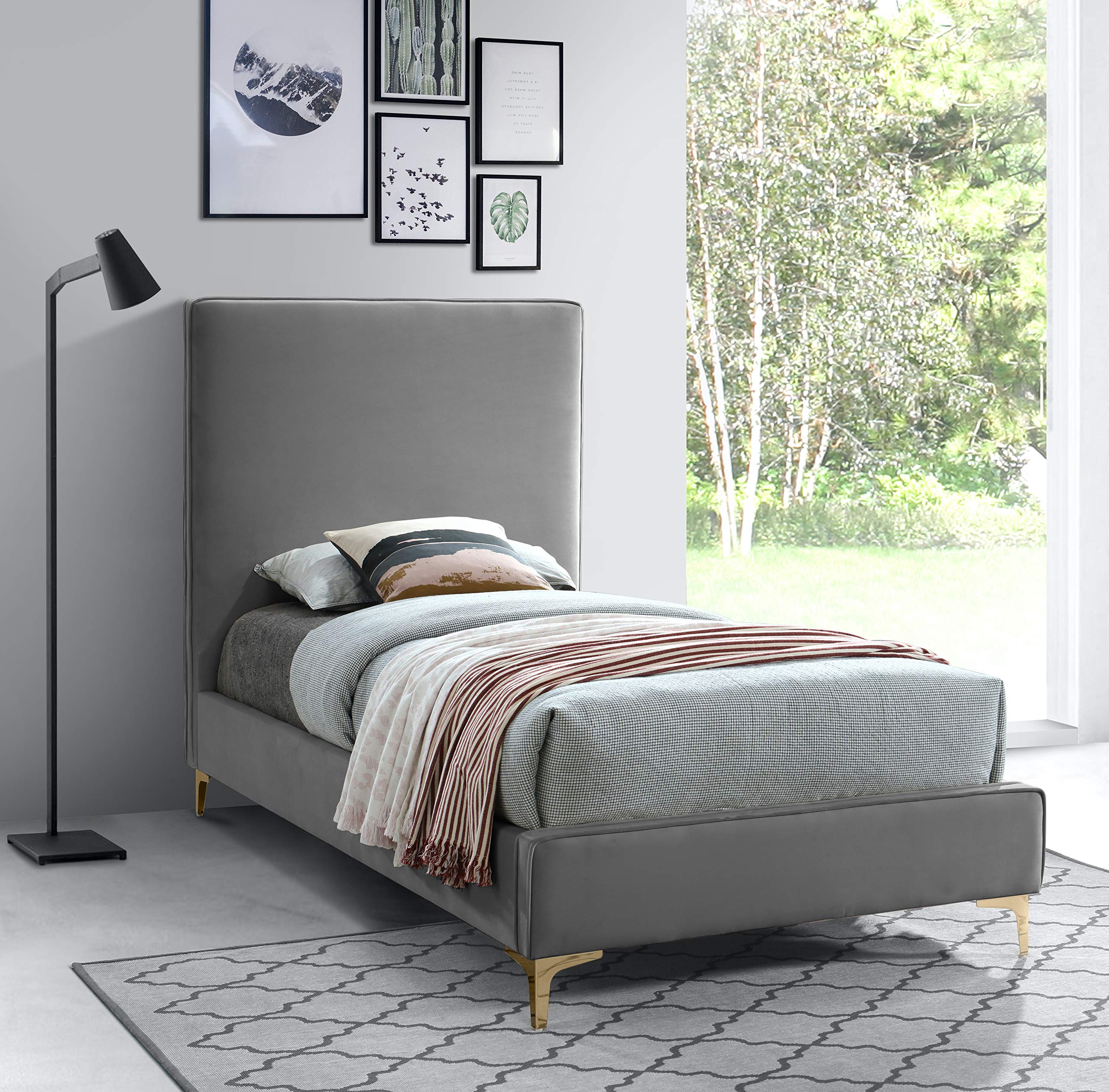 Modern Velvet Upholstered Twin Bed with Gold/Chrome Finish - Geri Collection by Meridian Furniture | Luxury Bedroom Decor for Contemporary Homes & Guest Rooms