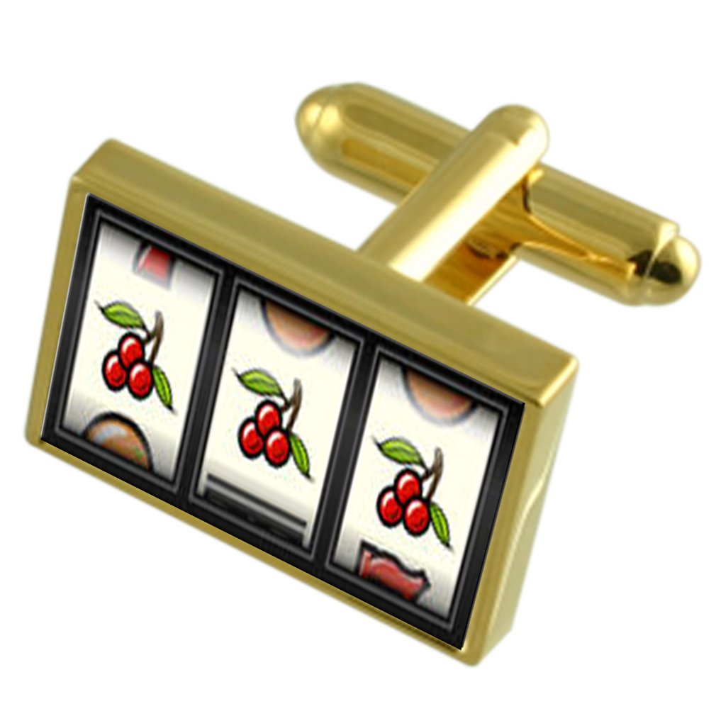 Lucky Cherries Gold-Tone Cufflinks for Men - Elegant Fruit Machine Design Dress Accessories with Black Velvet Pouch - Perfect for Weddings, Parties & Formal Events