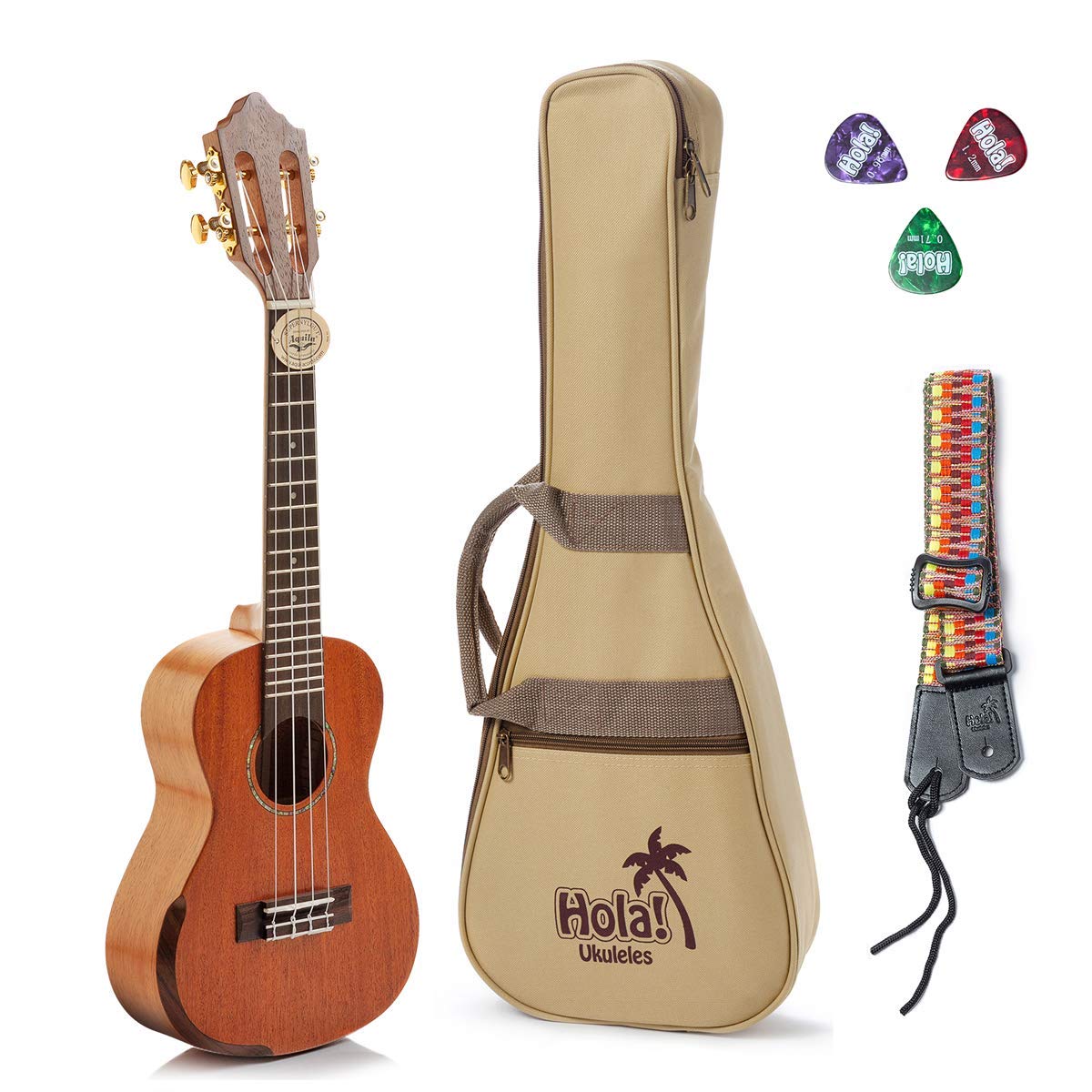 Hola! Music Professional Concert Ukulele - 24 Inch Solid Mahogany Top with Aquila Nylgut Strings, Gig Bag, Strap & Picks Bundle | Perfect for Beginners, Performances & Travel | HM-424SMM+ Model