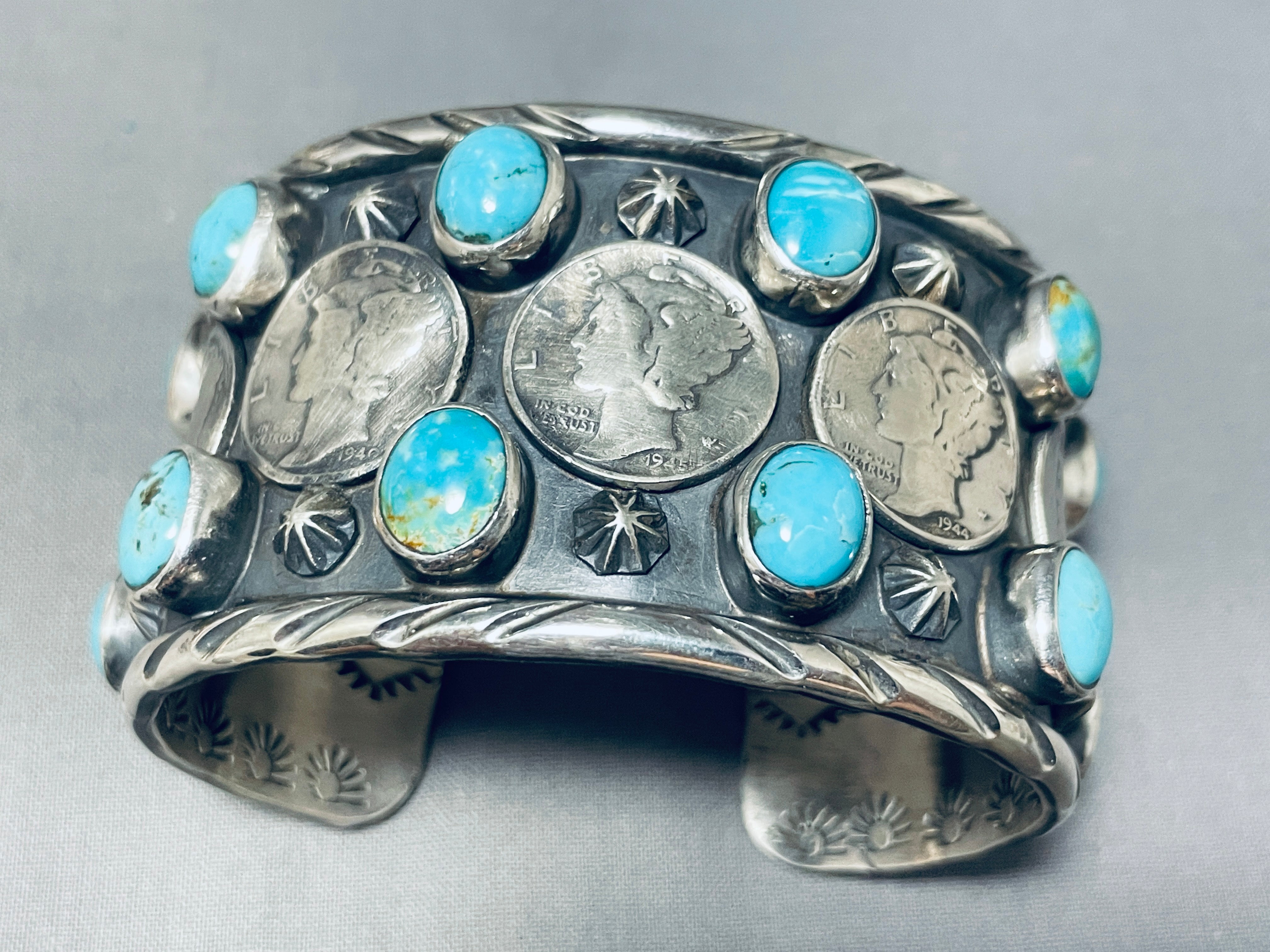 102 Gram Heavy San Felipe Turquoise Sterling Silver Coin Bracelet for Women - Handmade Southwest Native American Jewelry - Perfect for Boho Fashion, Gift Giving & Special Occasions