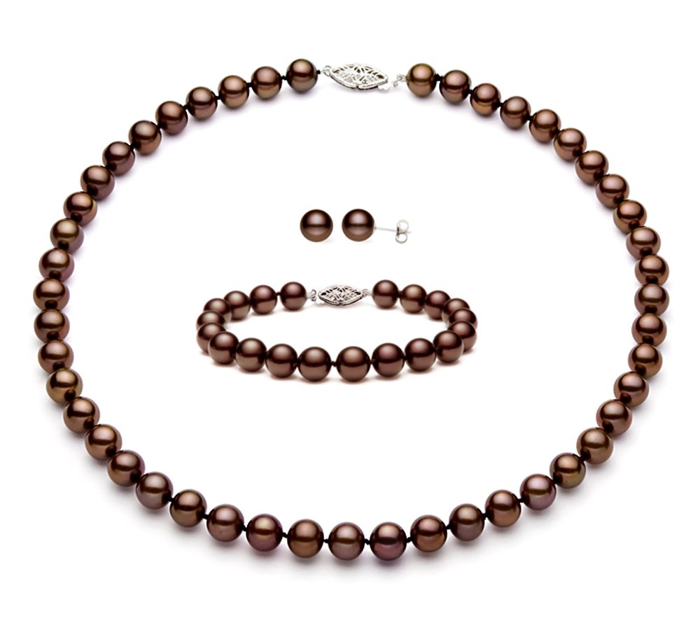 AAAA Quality Classic Cocoa Freshwater Cultured Pearl Jewelry Set for Women - Sterling Silver Necklace & Earrings Set | Perfect for Weddings, Anniversaries & Special Occasions