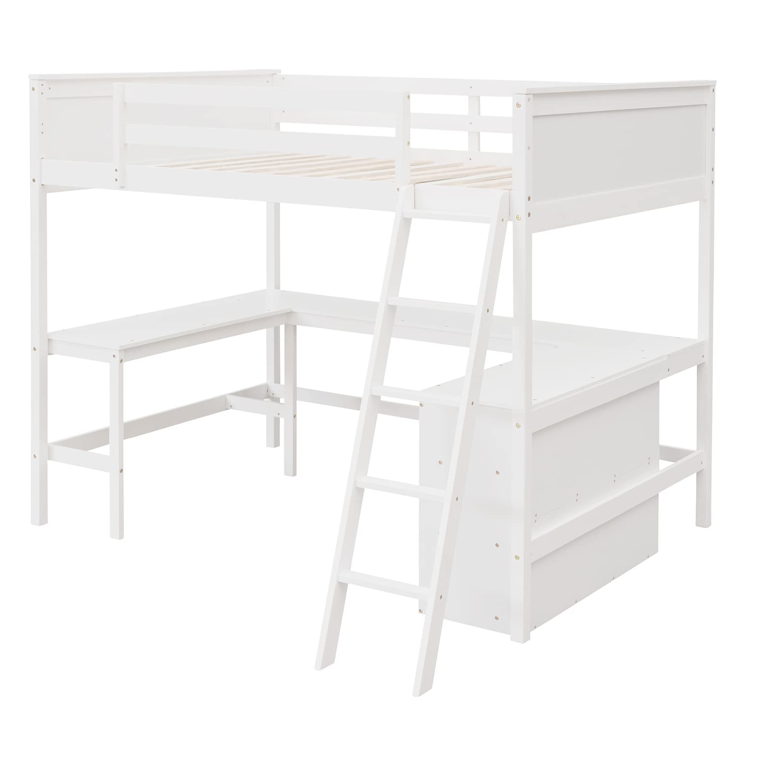 Full Loft Bed with Desk & Storage Shelves - Sturdy Wooden Bunk Bed with Bookcase for Kids, Teens & Adults - Space-Saving Dorm Furniture for Small Rooms - White