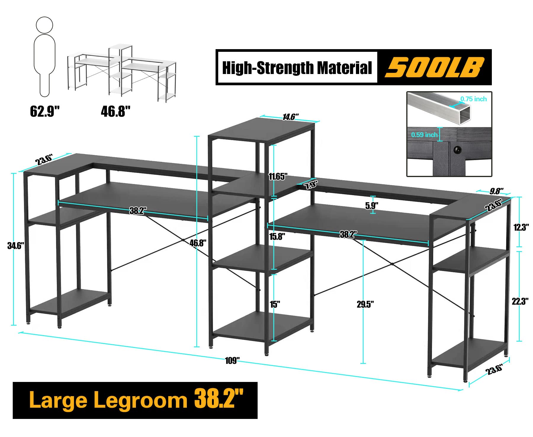 109-Inch Extra Long Two Person Computer Desk with Storage Shelves | Double Workstation Office Desk with Printer Shelf & Monitor Stand | Large Study Writing Table for Home Office (Black) - Perfect for Shared Workspaces & Remote Teams