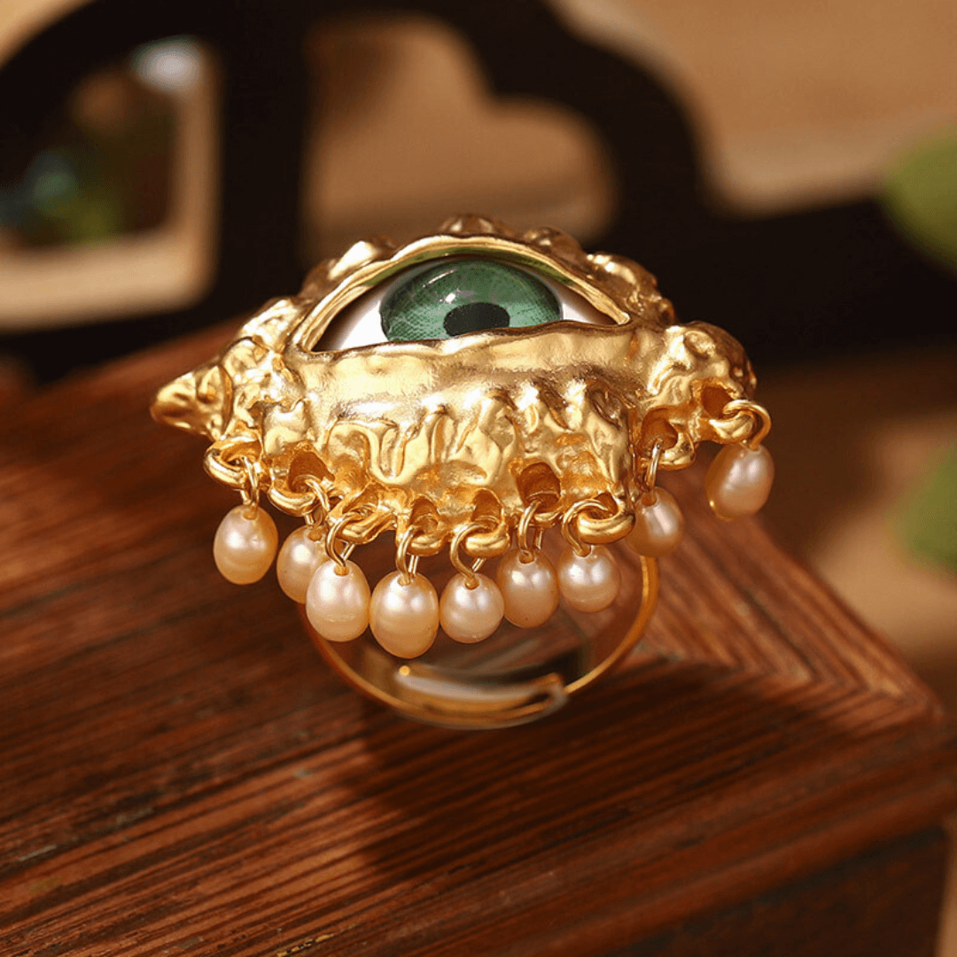 Evil Eye Cocktail Ring with Pearl Tassel - Chunky Statement Jewelry for Women | Z1973 | Perfect for Parties, Date Nights & Boho Fashion Accessories