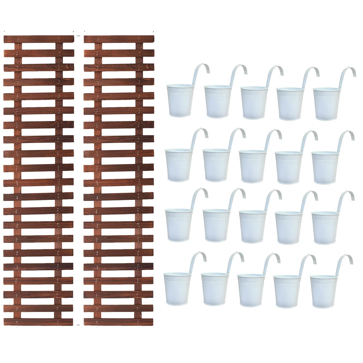 20 Pack 4 Inch Metal Flower Pots + 2 Pack Wooden Plant Holders - Vertical Garden Planter System for Indoor/Outdoor Wall Decor - Perfect for Living Walls, Balcony Gardens & Home Plant Decorations