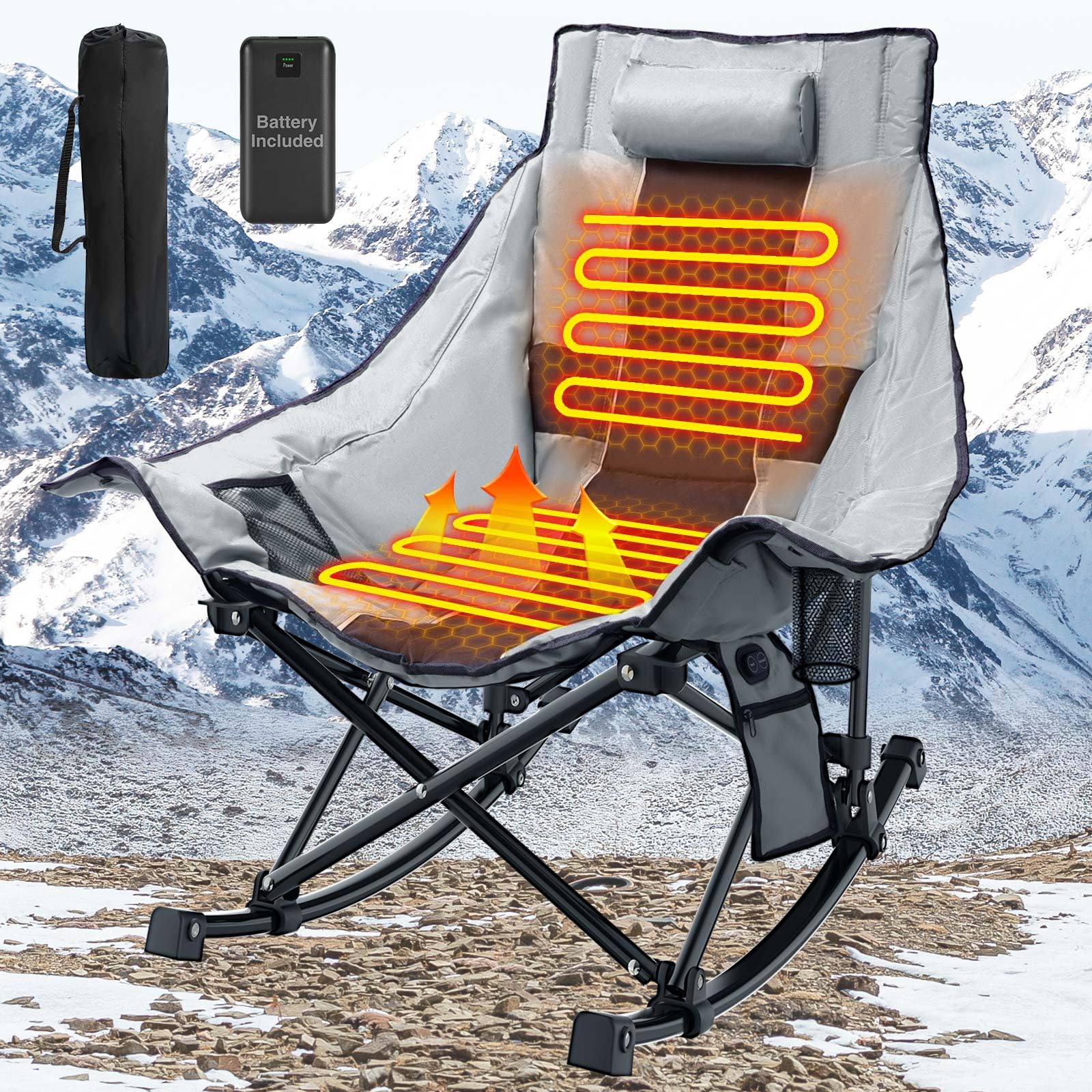 **XL Heated Camping Chair with 3-Level Adjustable Heating for Back & Seat - Portable Outdoor Folding Rocking Chair, Heavy-Duty Lawn Chair for Camping, Hunting, Fishing & Backyard Relaxation**