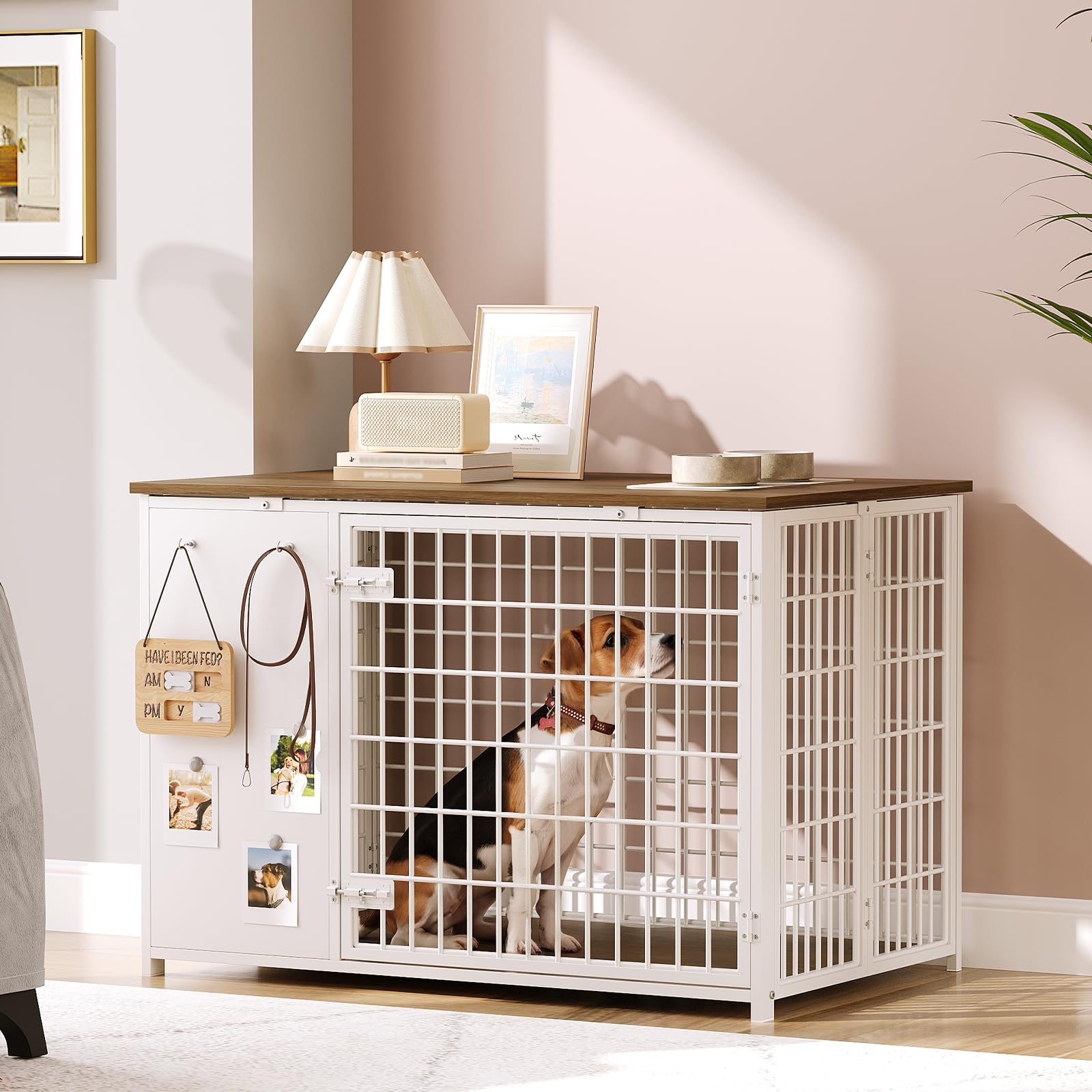 Foldable Dog Crate Furniture - Heavy Duty Wooden Dog Kennel with DIY Frame & Hooks - Indoor Dog Cage End Table for Small & Medium Dogs (White/Walnut) - Perfect for Living Rooms, Bedrooms & Pet-Friendly Spaces