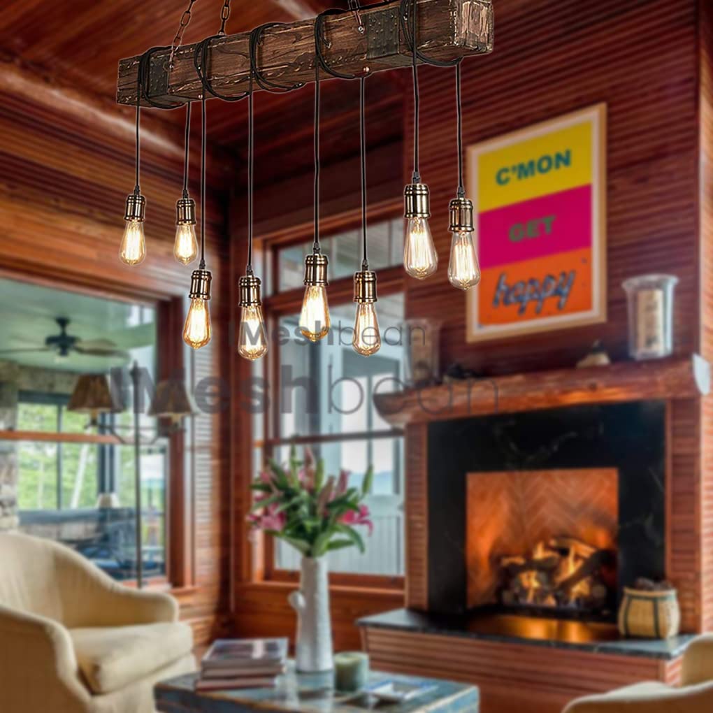 8-Light Wooden Chandelier - Rustic Industrial Pendant Light Fixture with Retro Design for Dining Room, Kitchen Island, Bar, Billiard Table & Pool Table | Perfect for Farmhouse, Loft & Industrial Decor