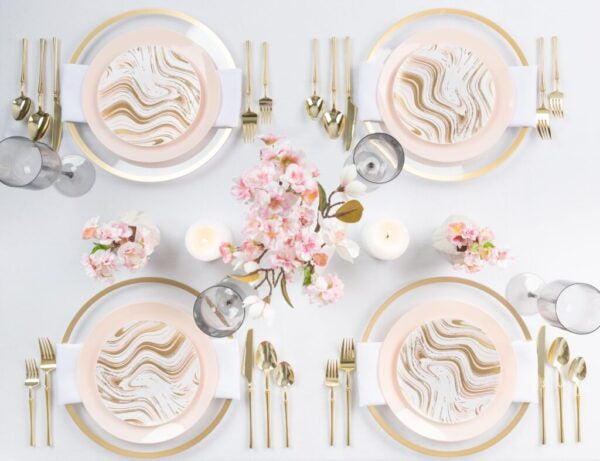 32-Piece Pink and Gold Round Plastic Dinnerware Set for 16 Guests - Elegant Disposable Plates, Bowls, Cups & Cutlery - Perfect for Weddings, Parties, and Outdoor Events
