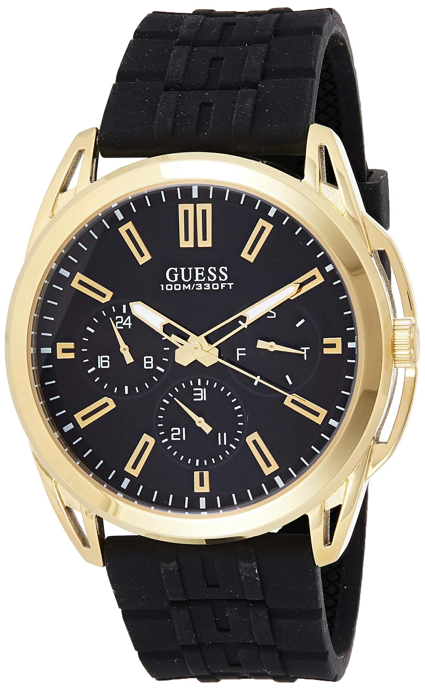 Guess W1177G2 Men's Gold-Tone Silicone Band Multifunction Black Dial Watch - Stylish & Durable Watch for Everyday Wear, Work & Special Occasions