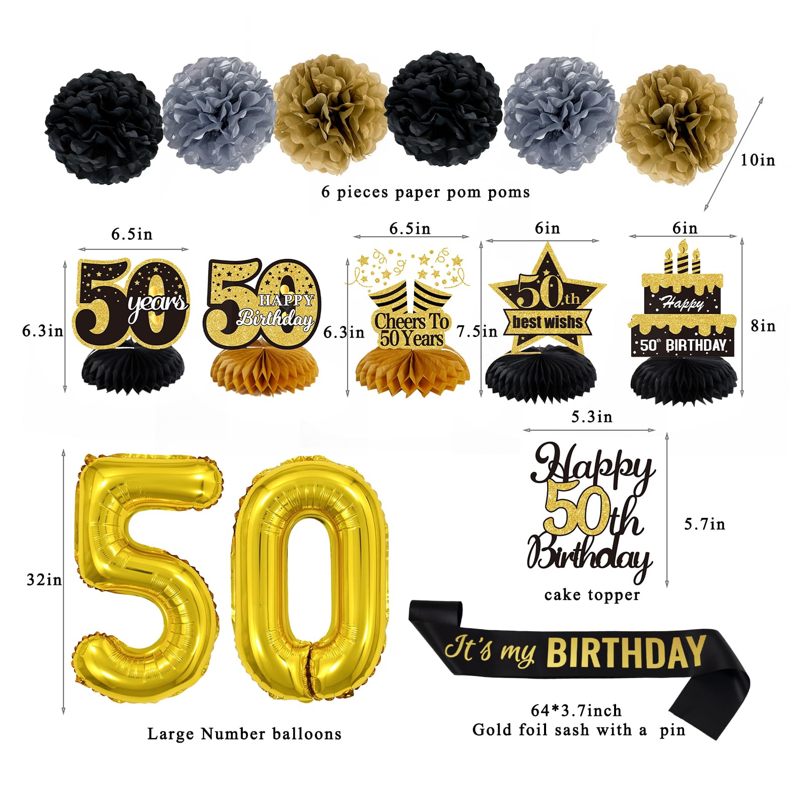 WOJOGO 50th Birthday Party Decorations Set - 40pc Black & Gold Happy 50th Banner, Cake Topper, Balloons, Sash, Centerpieces for Men & Women | Perfect for Milestone Birthday Celebrations, Retirement Parties & Anniversary Decor