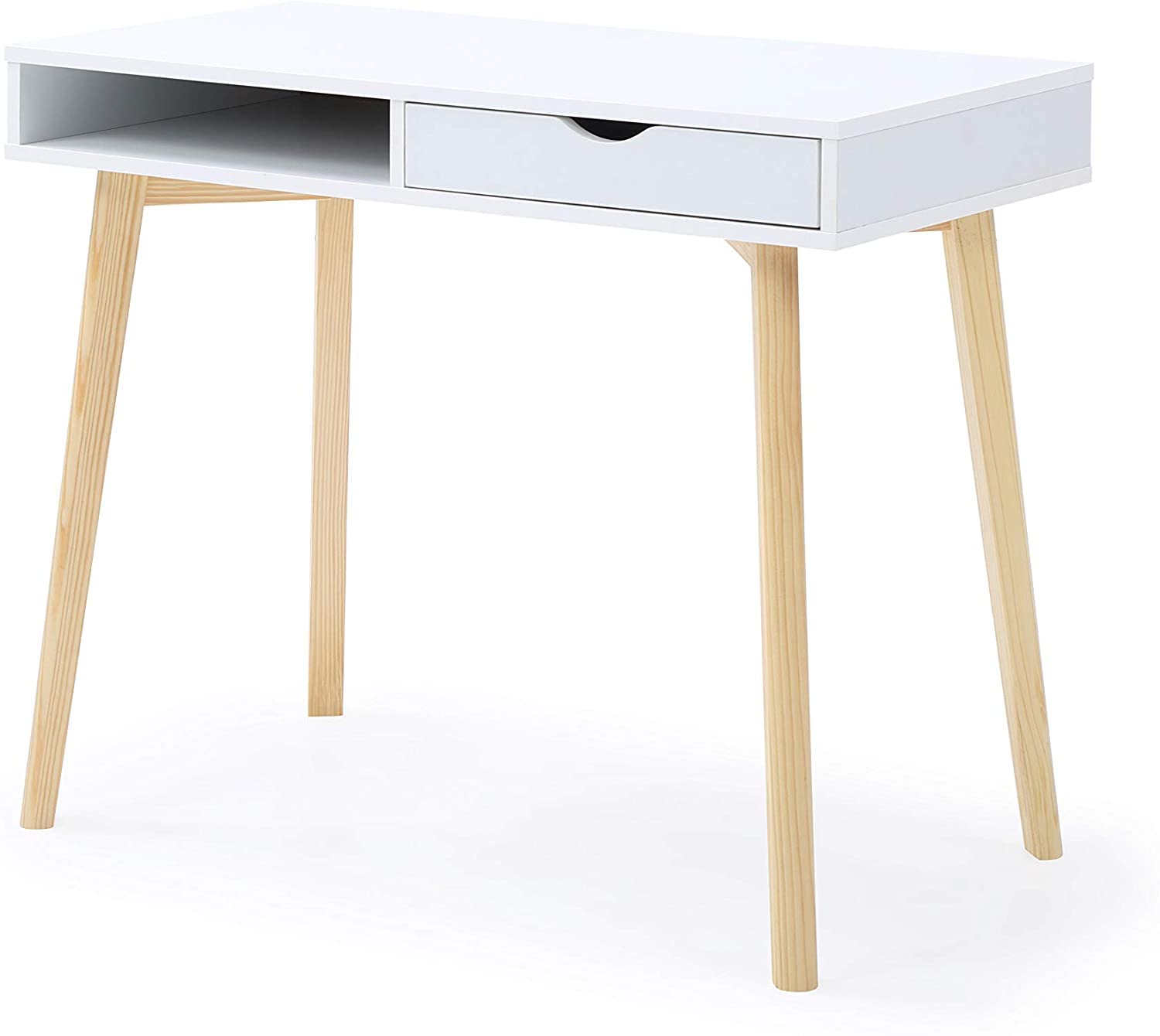 AC Pacific Austin Desk - Medium Size White & Brown Wooden Writing Desk for Home Office, Study Room, or Dormitory | Modern Workstation with Storage Shelf