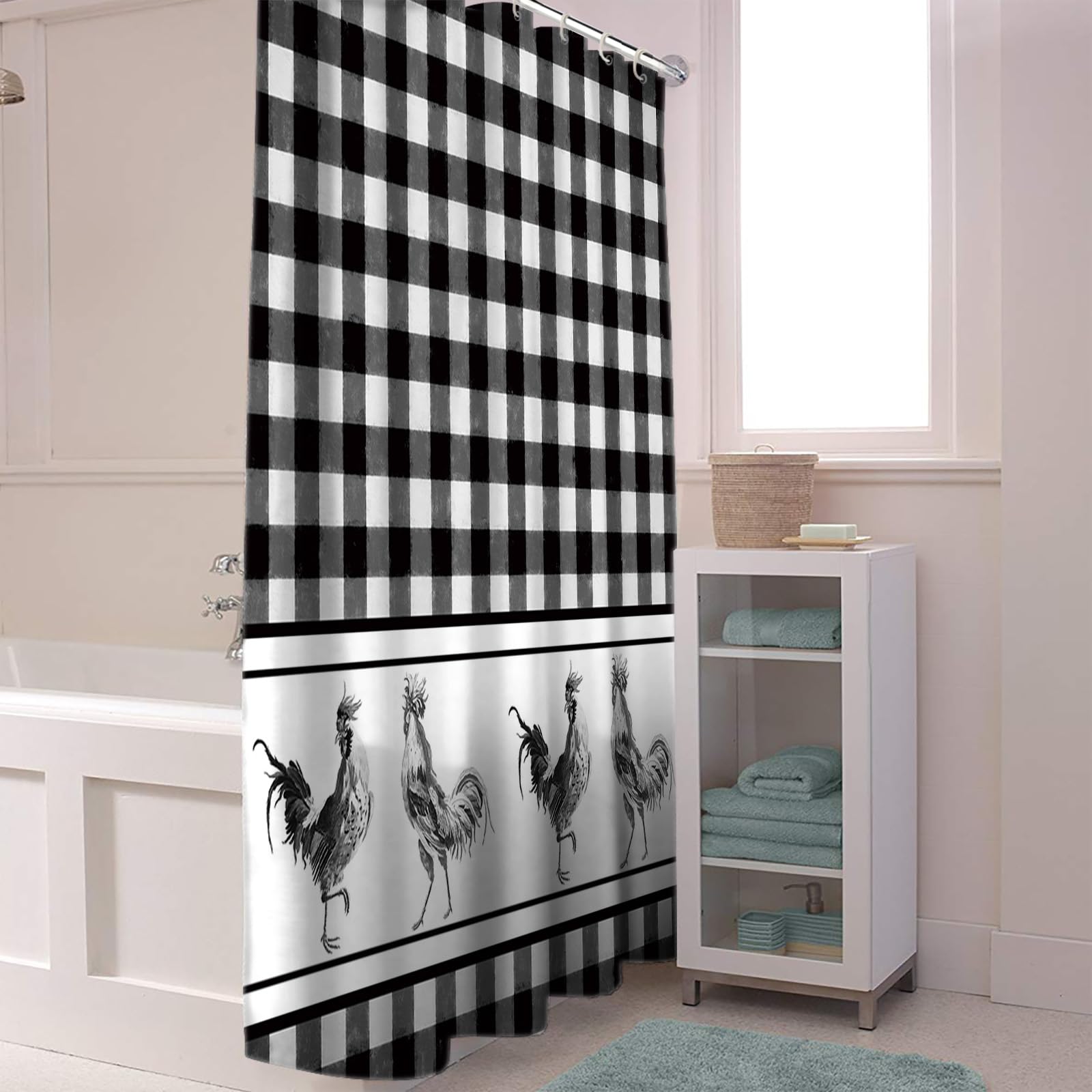 Waterproof Farmhouse Rooster Black & White Buffalo Plaid Shower Curtain Set with Hooks - 72x72 Inch for Bathroom, Bathtub & Shower - Perfect for Rustic Home Decor & Country Style Bathroom Design