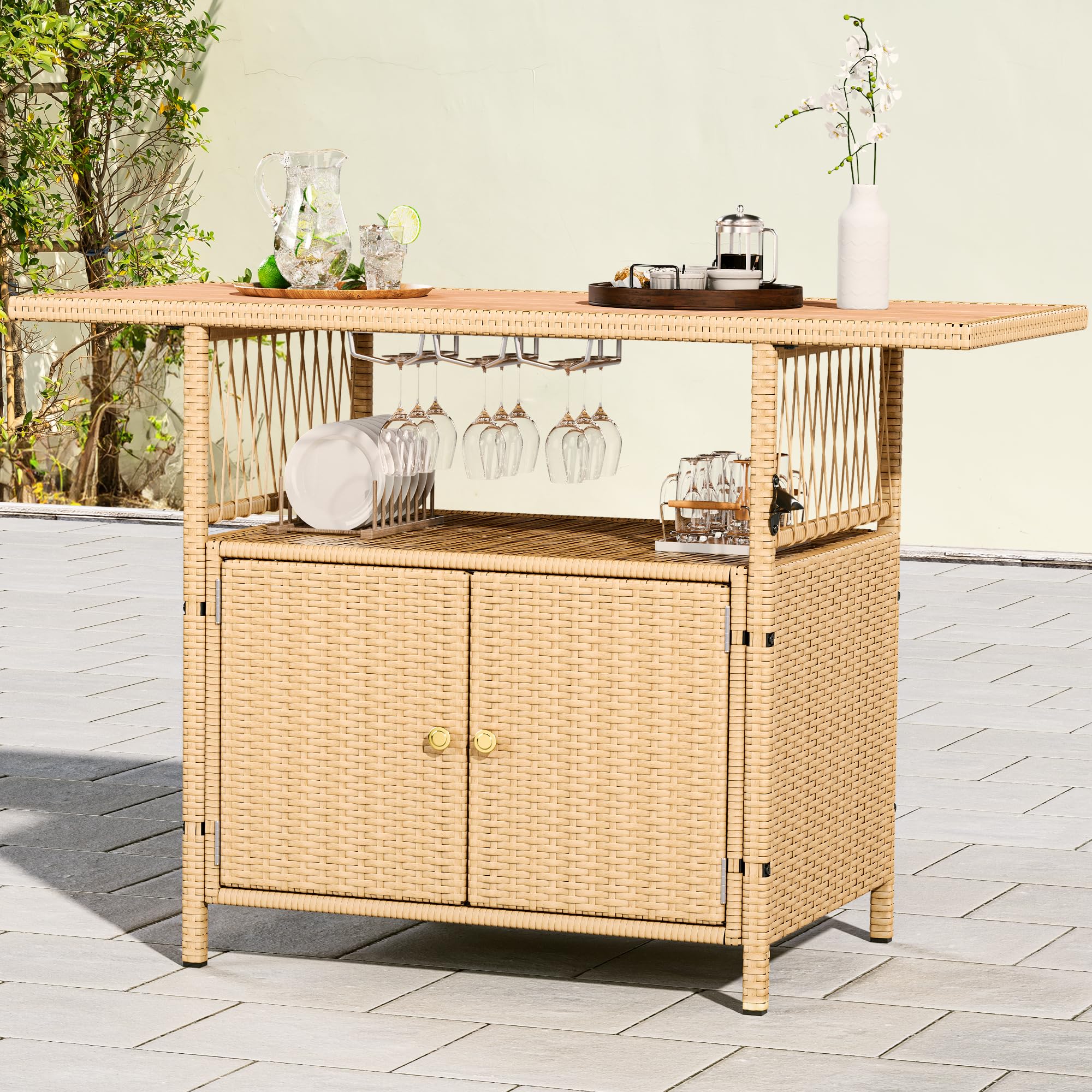 YITAHOME XL Outdoor Storage Cabinet - Weather-Resistant Patio Wicker Bar Table with Plastic Wood Tabletop, Wine Glass Holders & Built-in Bottle Opener, Light Brown - Perfect for Backyard, Deck, Poolside & Outdoor Entertaining