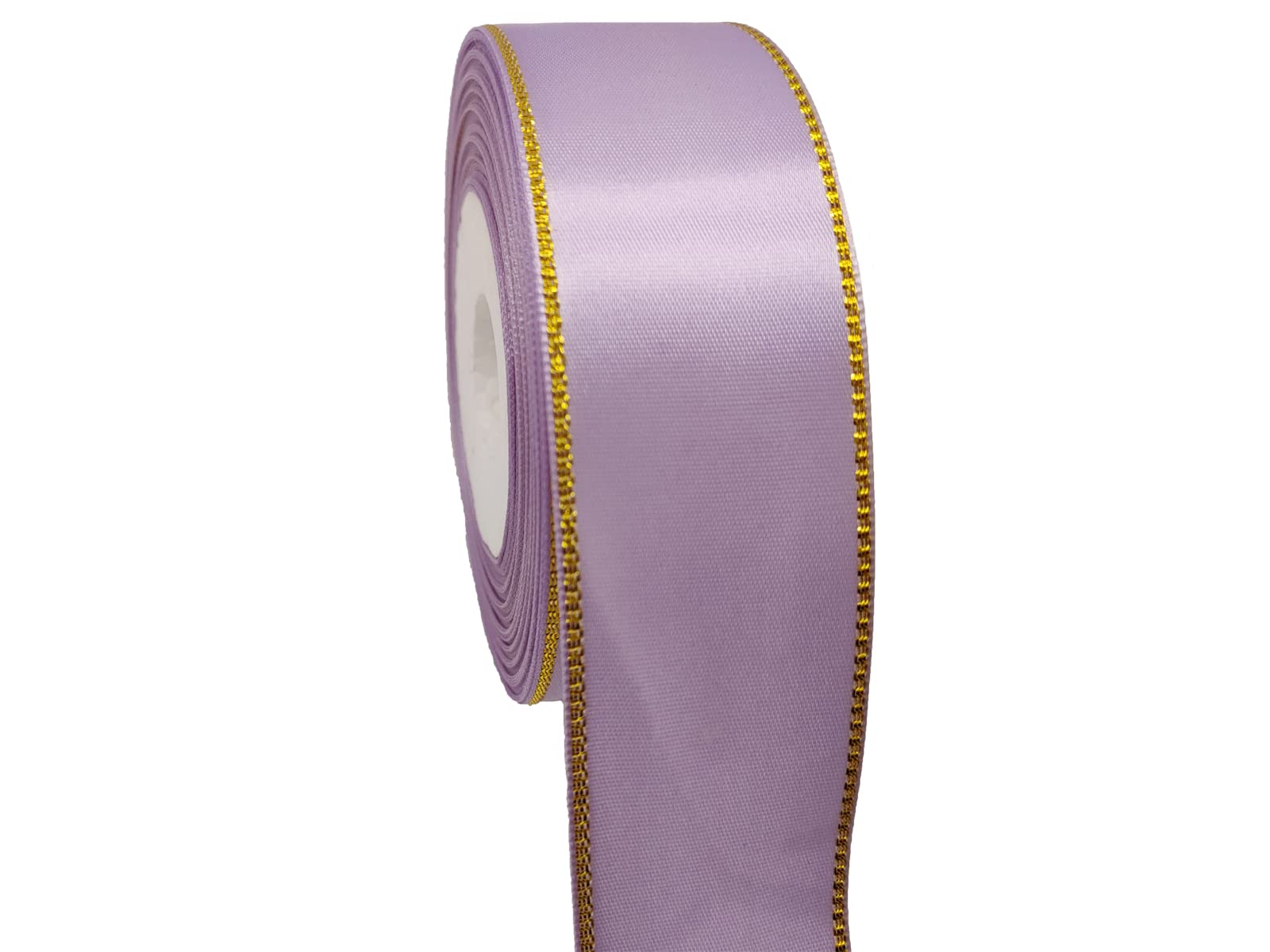1 1/2 Inch Wide Lavender Satin Ribbon with Gold Edge - 25 Yards Continuous Roll - Double Faced Gift Wrapping Ribbon for Wedding, Baby Shower, Party Decorations & Craft Projects - Sparkly Decorative Ribbon for DIY, Gift Packaging & Event Decor