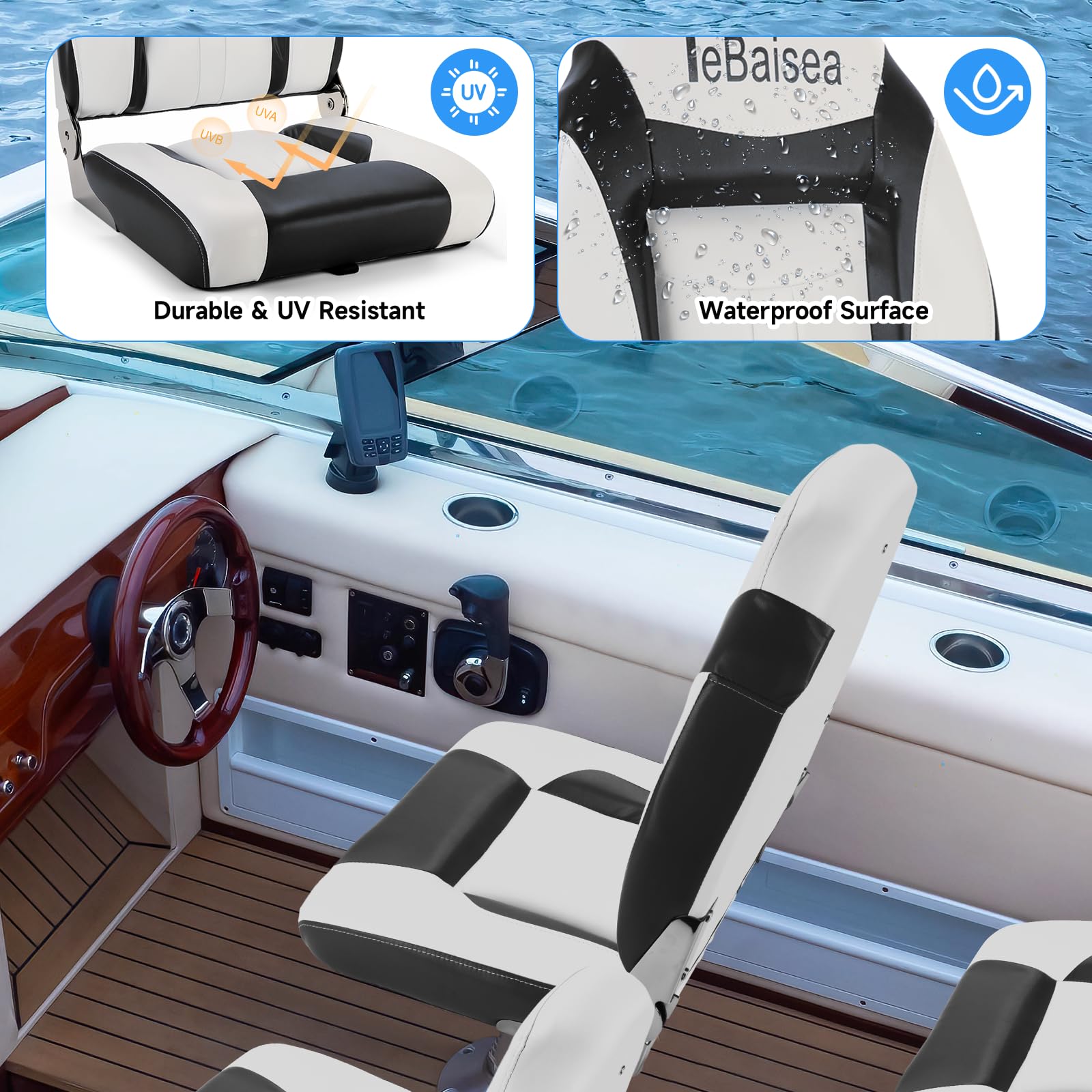 2pcs High Back Fishing Boat Seats - Foldable, Waterproof & Sunproof Microfiber Leather with 316 Stainless Steel Hinges (Black+White) - Perfect for Fishing, Boating & Marine Activities