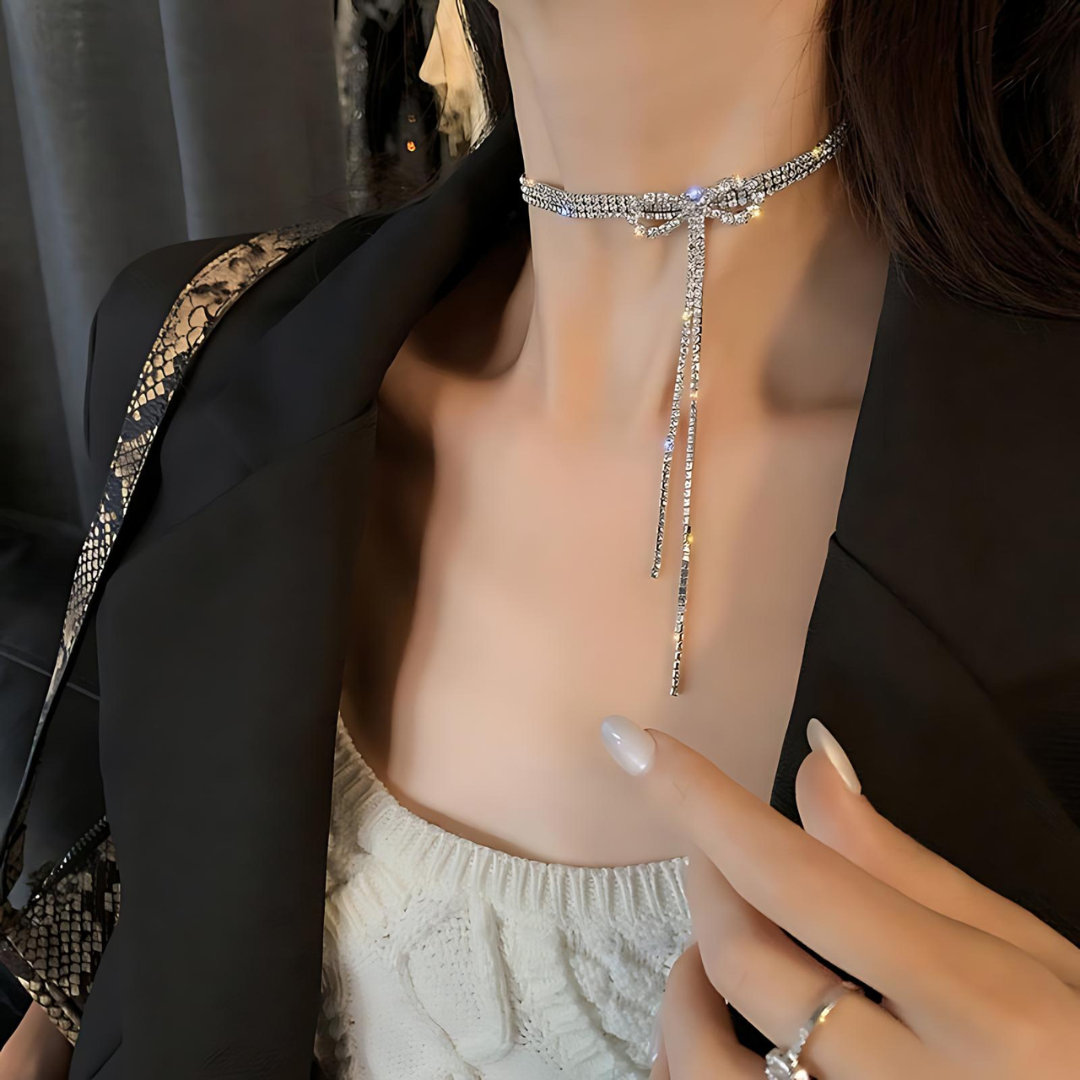 Sparkly Rhinestone Ribbon Choker Necklace for Women | Elegant Y Necklace with Crystals | Perfect for Parties, Weddings & Evening Events | HN537