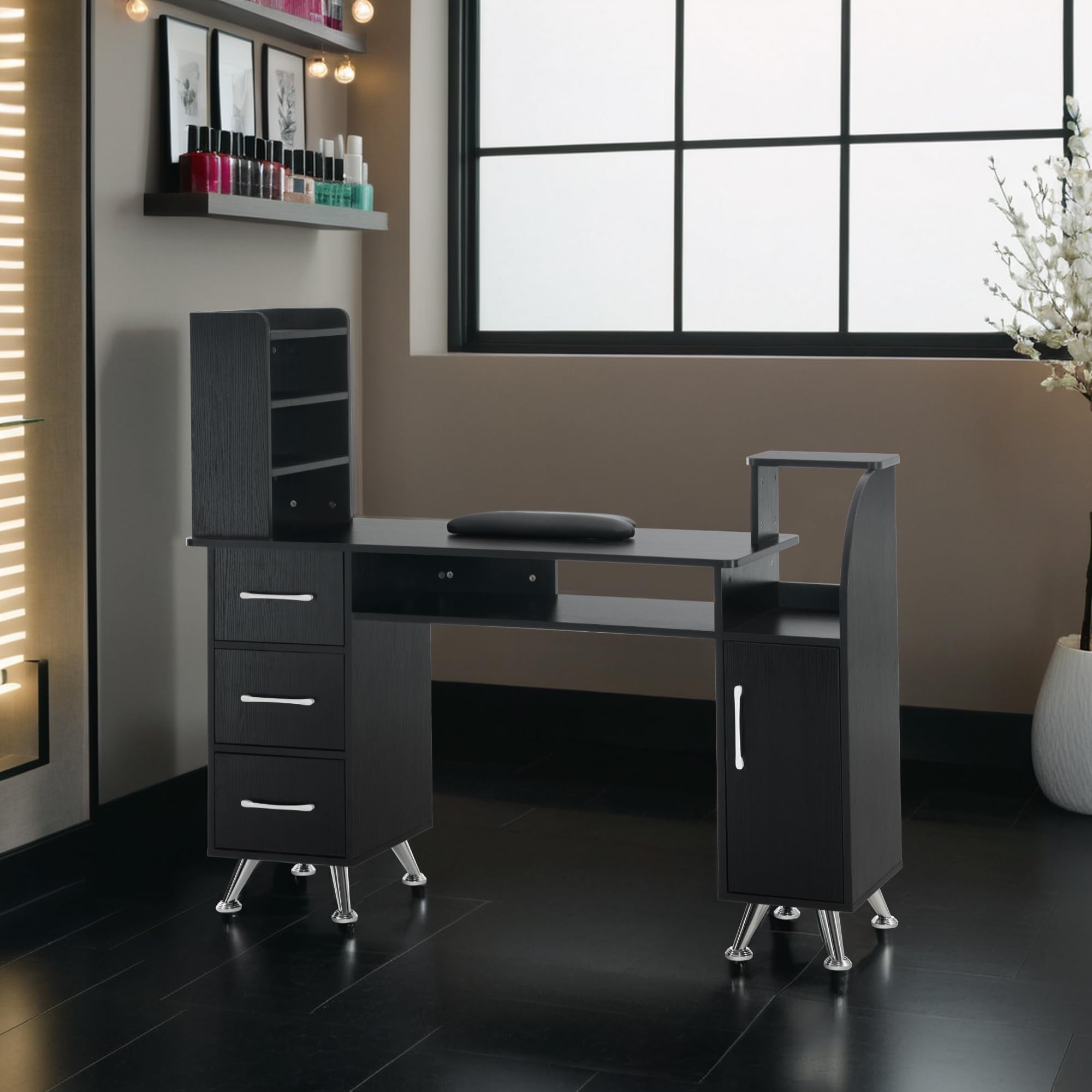Professional Barber & Salon Manicure Table Makeup Dressing Station with Wrist Cushion - Beauty Workstation Nail Desk with Storage for Salon & Home Use (Black) - Perfect for Nail Technicians, Barbers & Makeup Artists