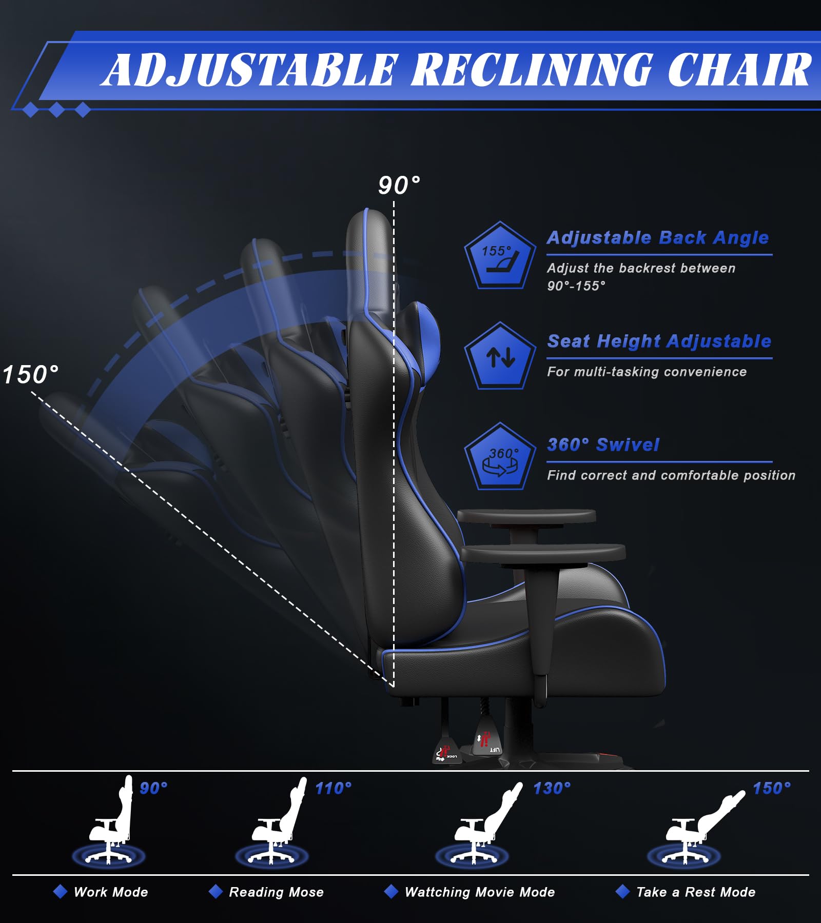 Ergonomic Racing Gaming Chair - Blue Computer Chair with Adjustable Height, Reclining & Swivel, Headrest & Lumbar Support for Adults - Perfect for PC Gaming, Office Work & Home Entertainment