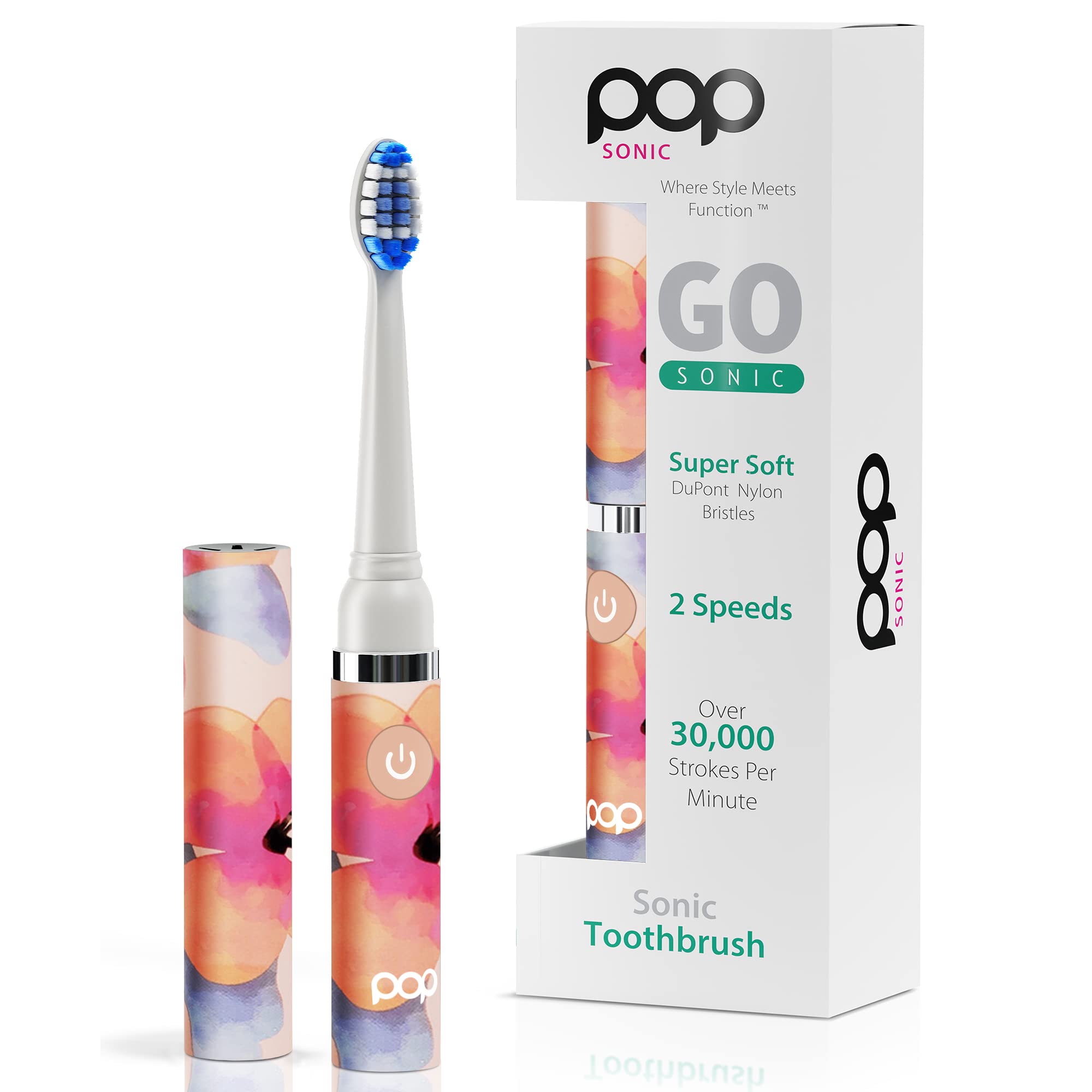 Pop Sonic Electric Toothbrush for Kids & Adults - Pink Watercolor Travel Toothbrush with 2 Speed Modes (15,000-30,000 RPM), DuPont Nylon Bristles, AAA Battery Powered - Perfect for Home, Travel & Daily Oral Care
