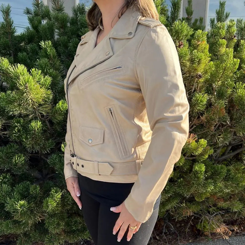 Women's Genuine Lamb Leather Biker Jacket with Adjustable Belt - Stylish Motorcycle Outerwear for Riding & Fashion