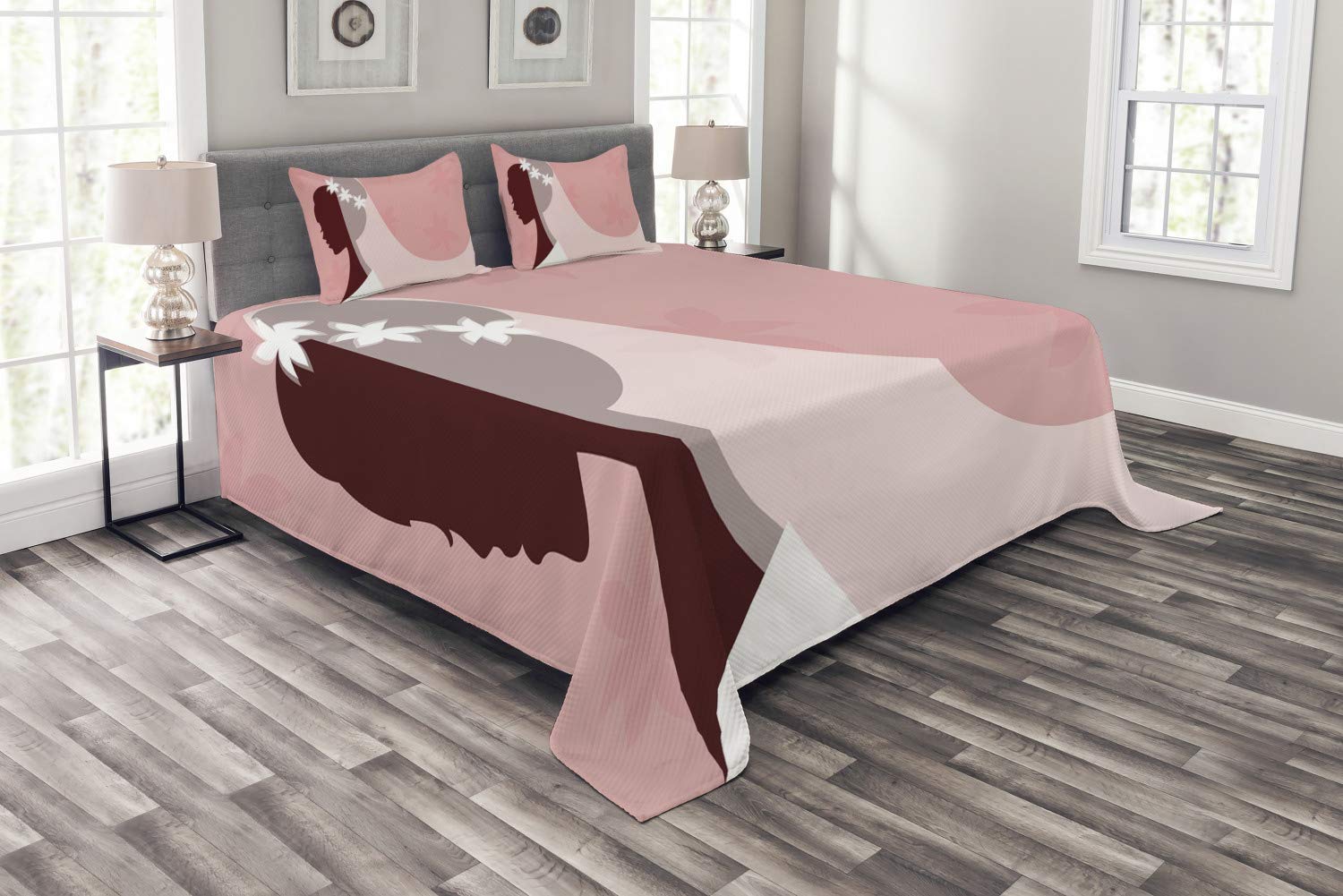 Ambesonne 3-Piece Bridal Shower Bedding Set - Queen Size Pale Pink & White Wedding Dress Bedspread with Veil Design, Includes Coverlet & 2 Pillow Shams - Perfect for Bridal Showers, Honeymoon Suites & Wedding Gift Ideas