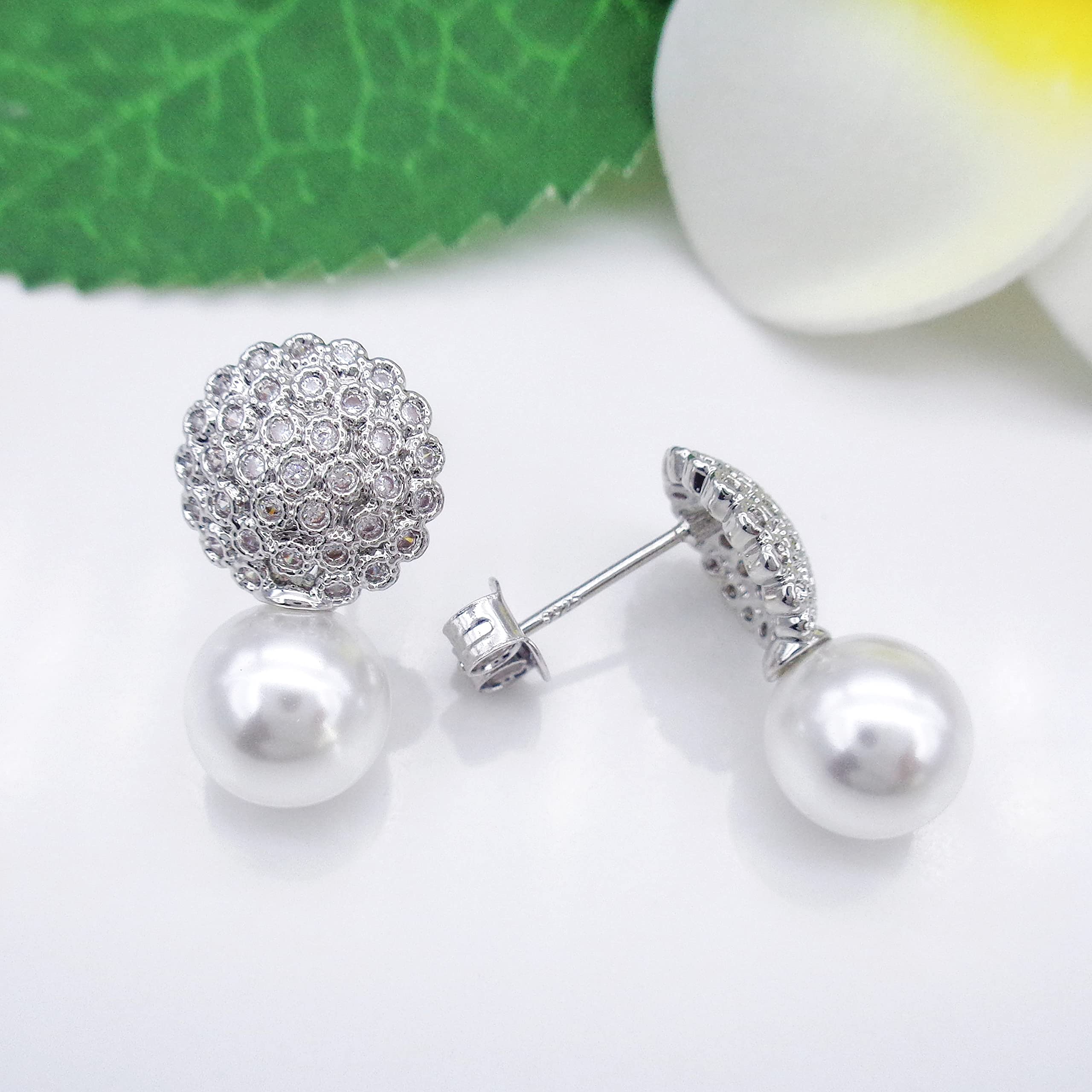 925 Sterling Silver Pearl Stud Earrings for Women - Zirconia & White Gold Plated Fashion Jewelry Gifts (WK90119) | Elegant Everyday Wear & Special Occasion Accessories