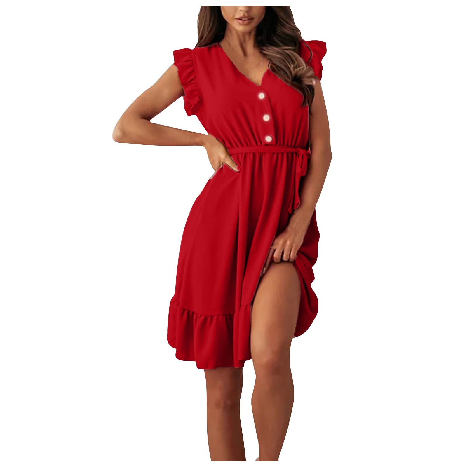 Women's Summer V-Neck Short Sleeve Elastic Waist Party Dress - Pure Color Pleated Ruched Casual Beach Dress for Outdoor Events, Vacations & Date Nights