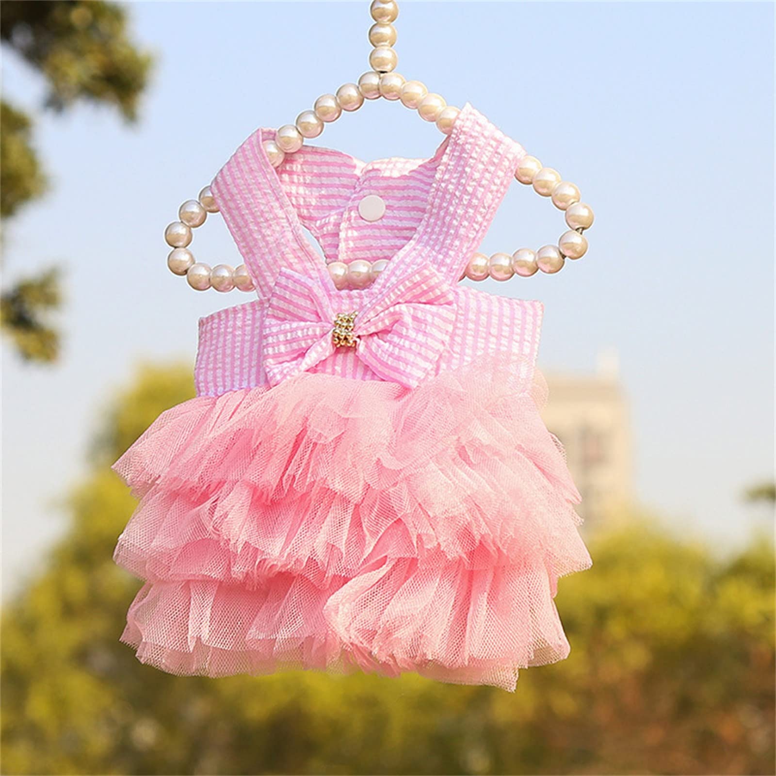 Pink Summer Mesh Pet Dress for Small Dogs & Cats - Striped Crochet Skirt with Suspenders, XL - Perfect for Outdoor Walks & Photo Shoots