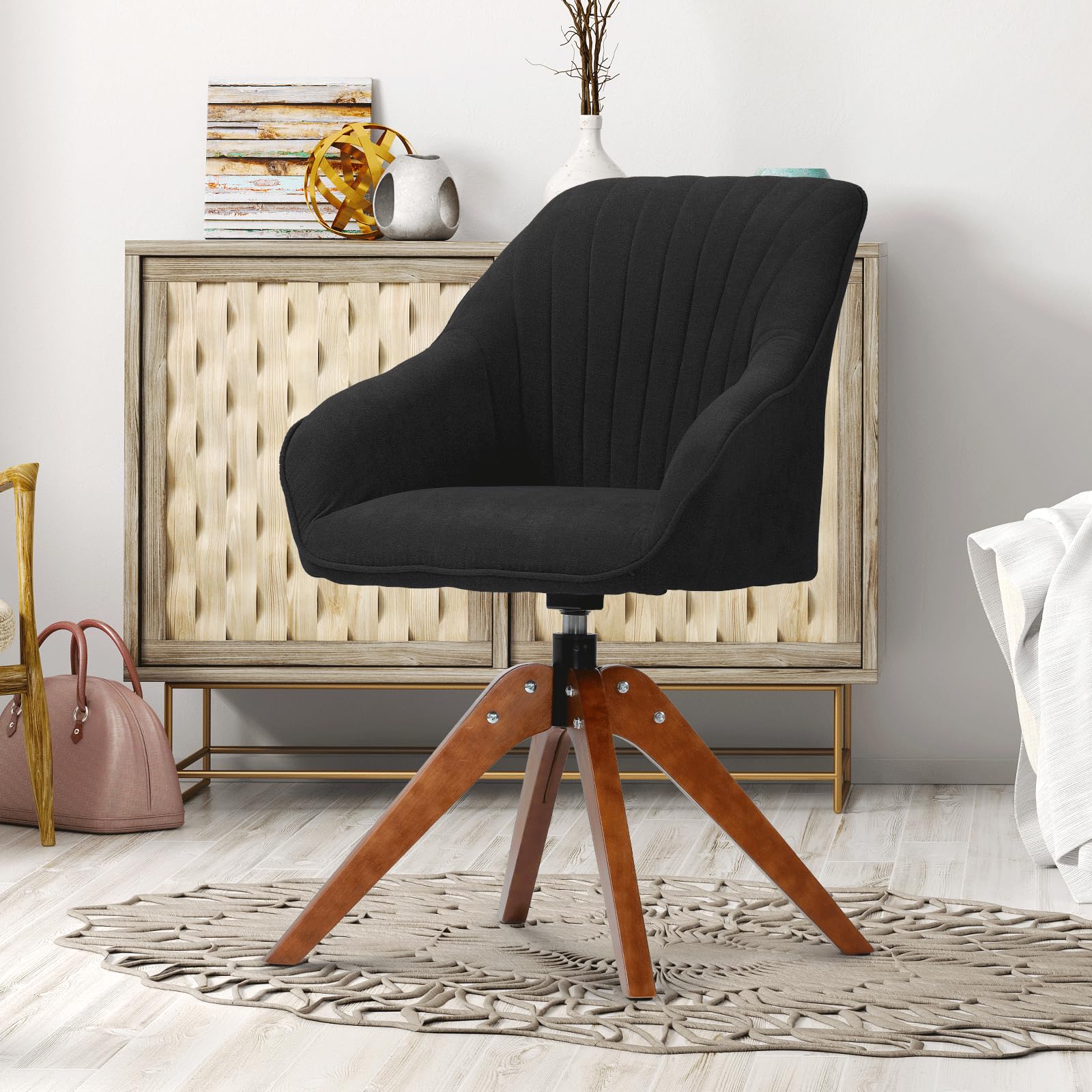 MoNiBloom 360° Swivel Accent Chair - Modern Velvet Upholstered Armchair with Wooden Legs for Office, Living Room & Bedroom - Black | Perfect for Home Office, Reading Nook & Lounge Areas