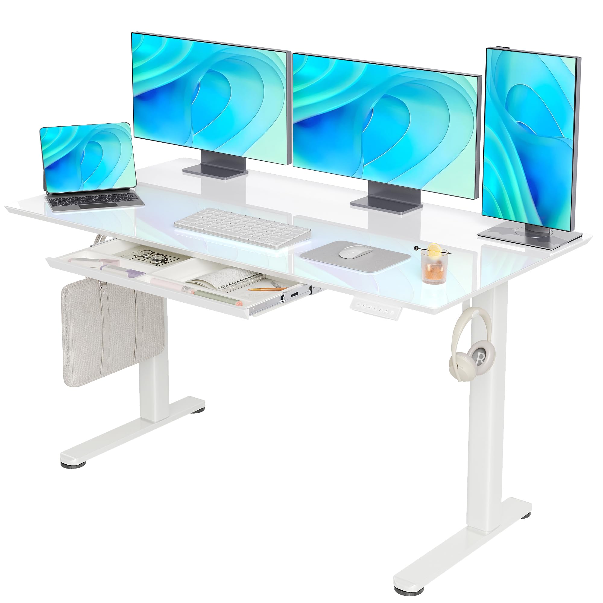 Claiks 55x24 Inch Electric Standing Desk with Drawer - Height Adjustable Home Office Desk, White - Perfect for Remote Work, Gaming & Study Spaces