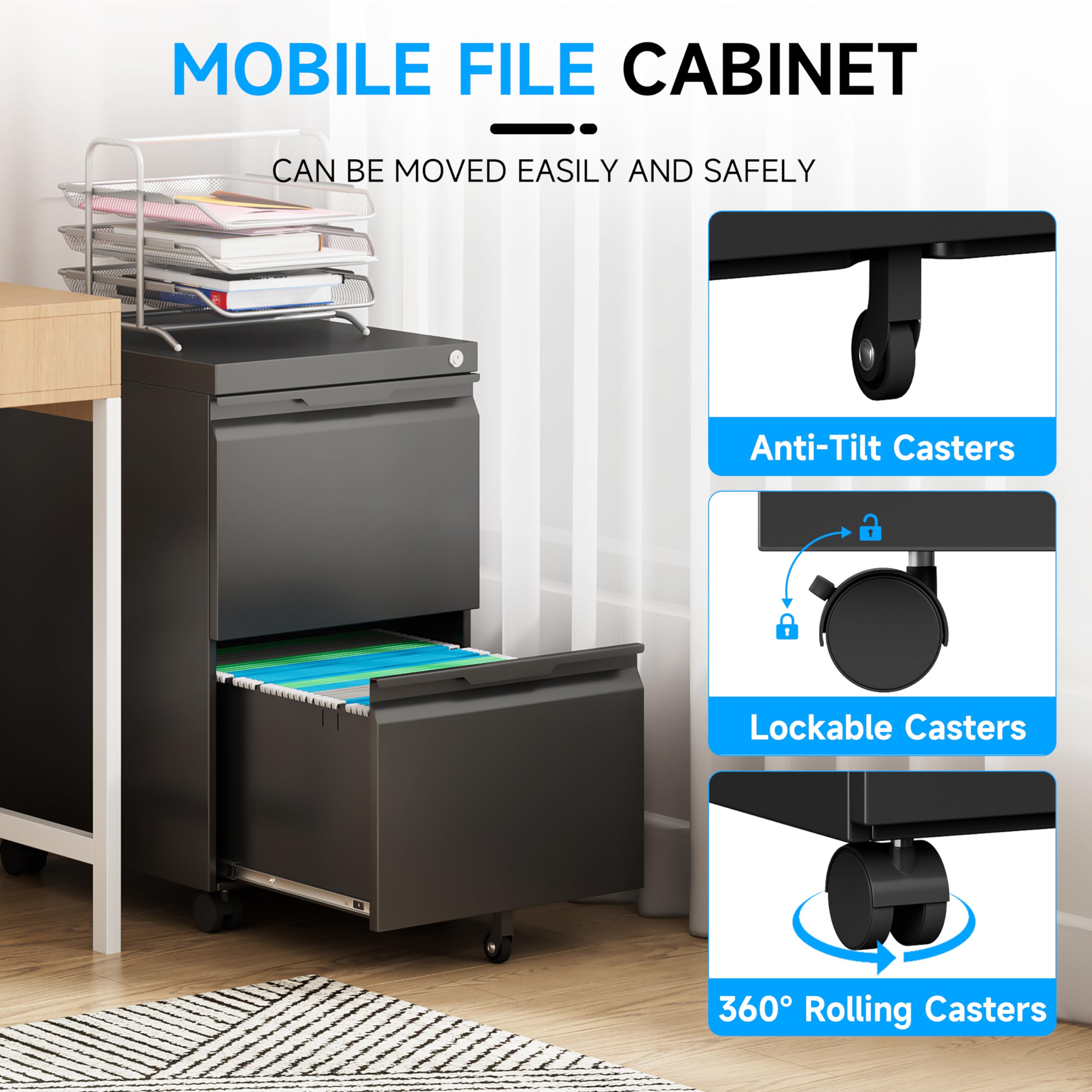 2 Drawer Mobile File Cabinet with Lock - Rolling Metal File Storage for Letter/Legal/A4 Documents - Home Office Organization with Wheels (Black) | Perfect for Small Spaces & Office Organization