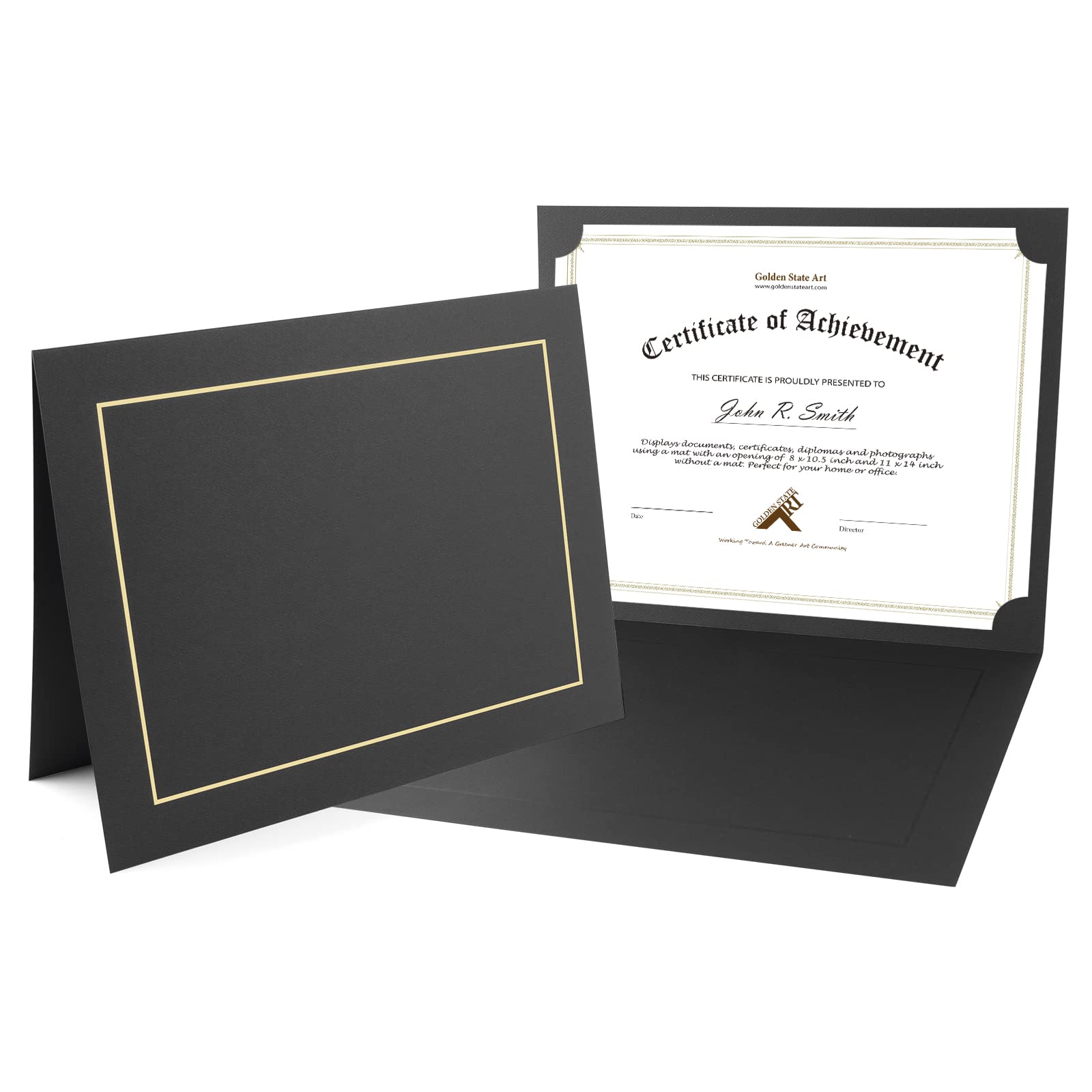 Golden State Art 10-Pack 8.5x11 Photo Folders - Black Cardboard Picture Frames with Gold Lining for Certificates, Diplomas & Awards - Perfect for Graduation, Office Recognition & Document Preservation