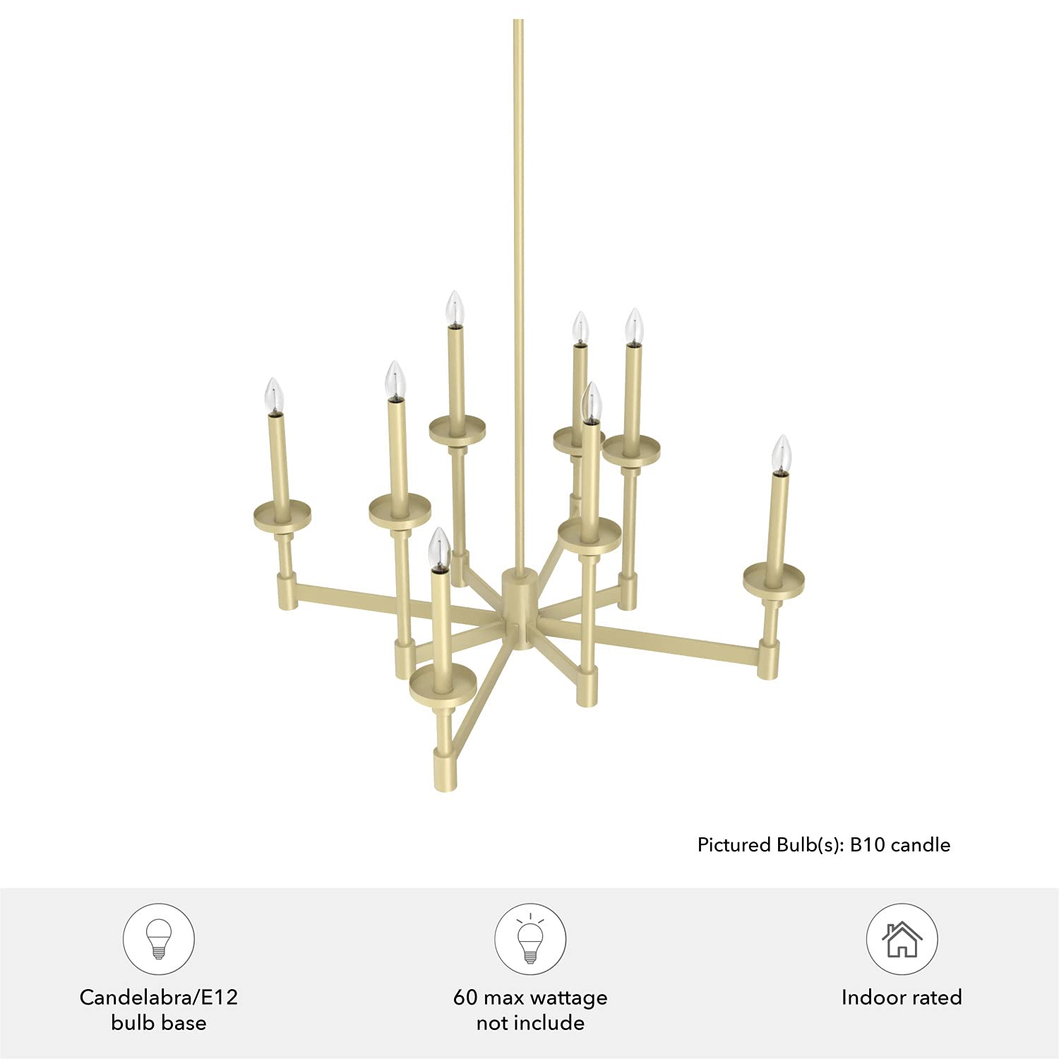Hunter Briargrove 8-Light Modern Brass Chandelier - Dimmable Large Ceiling Light Fixture, Formal Candle-Style for Dining Room, Bedroom, Living Room & Kitchen Decor - Perfect for Elegant Home Lighting & Interior Design (Model 19053)