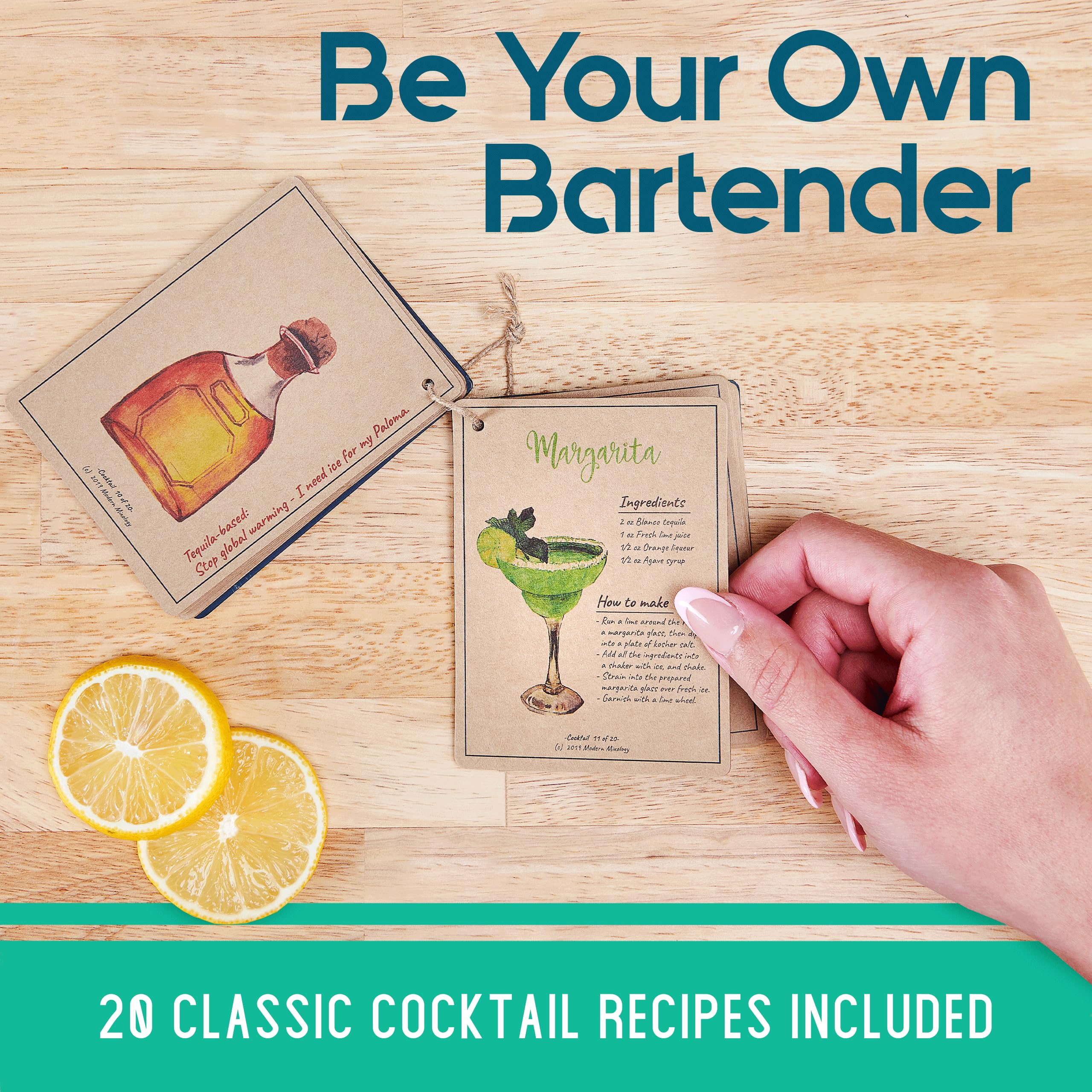 8-Piece Gold Cocktail Shaker Set with Pine Wood Stand, Recipe Cards & Bar Accessories - Premium Mixology Kit for Home Bartending & Party Hosting