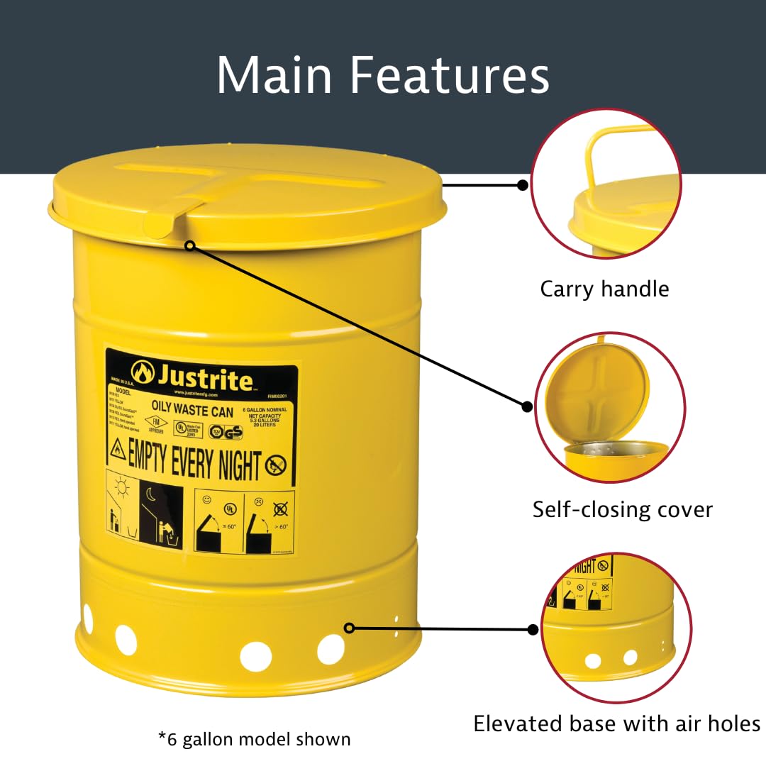 Justrite 14 Gallon Galvanized Steel Oily Waste Can with Self-Closing Lid - 20